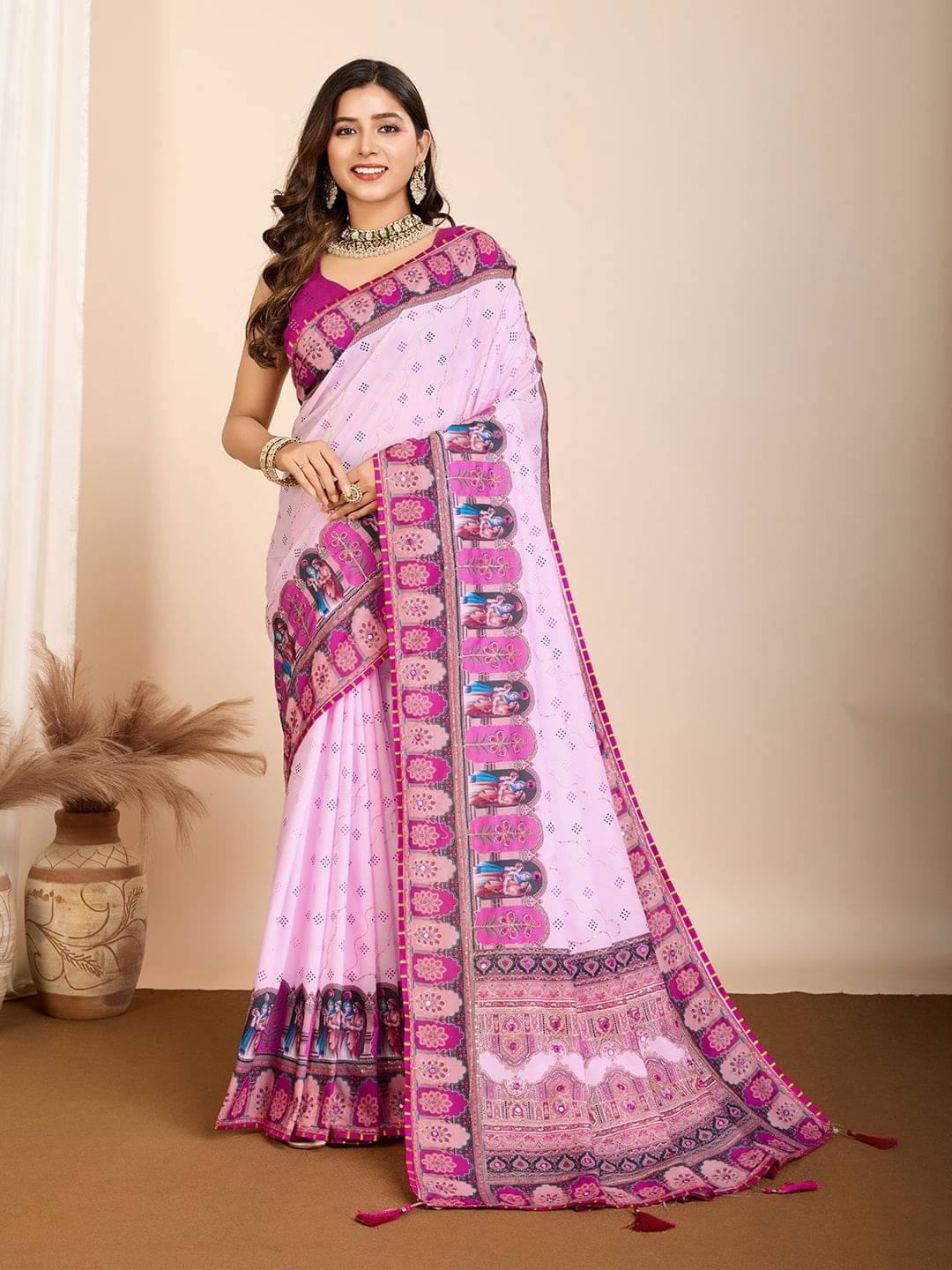     			dravya womens Cotton Blend Printed Banarasi saree With Unstitched Blouse Piece ( Pink )