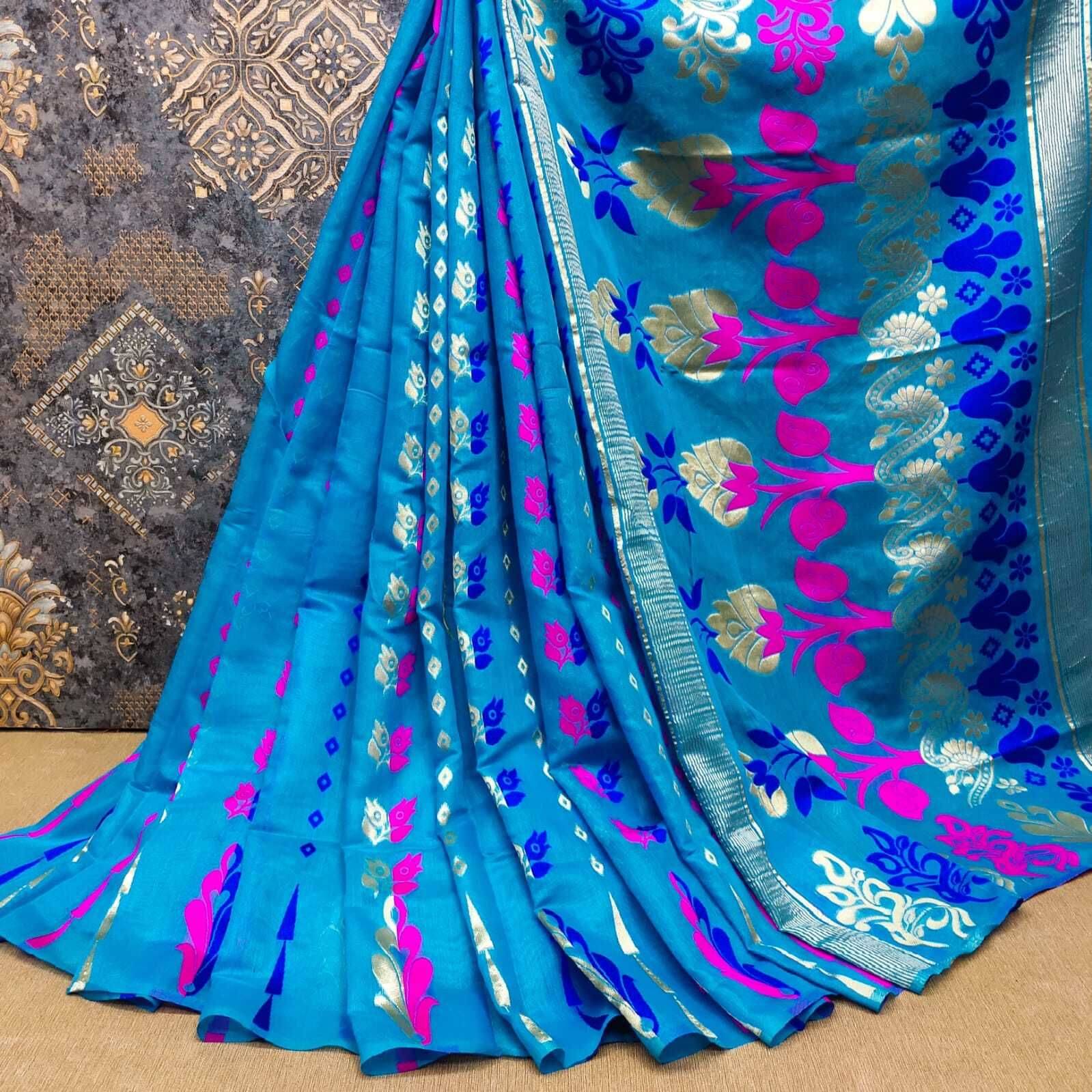     			dravya womens Cotton Blend Woven Banarasi saree Without Blouse Piece ( Light Blue )
