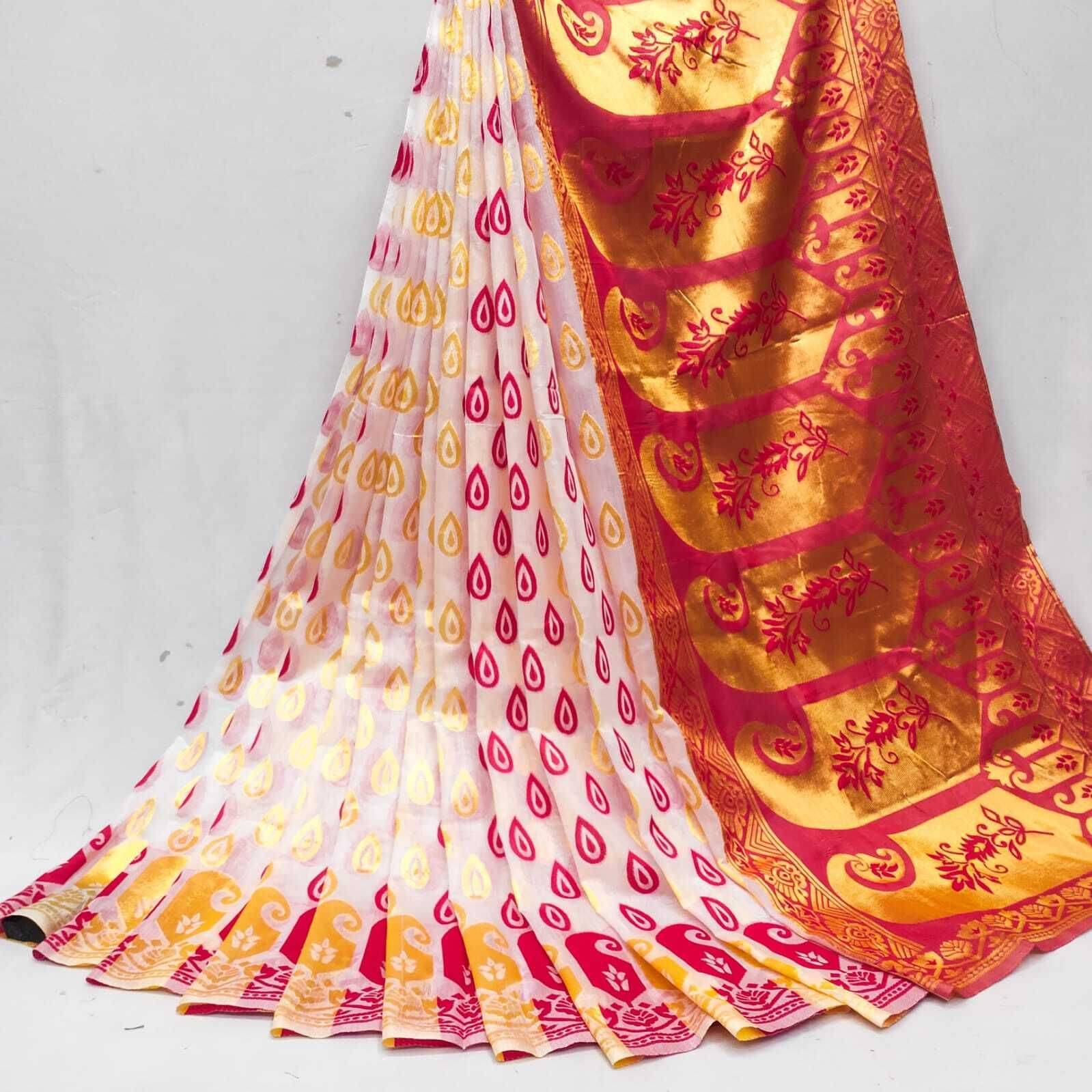     			dravya womens Cotton Blend Woven Banarasi saree Without Blouse Piece ( White )