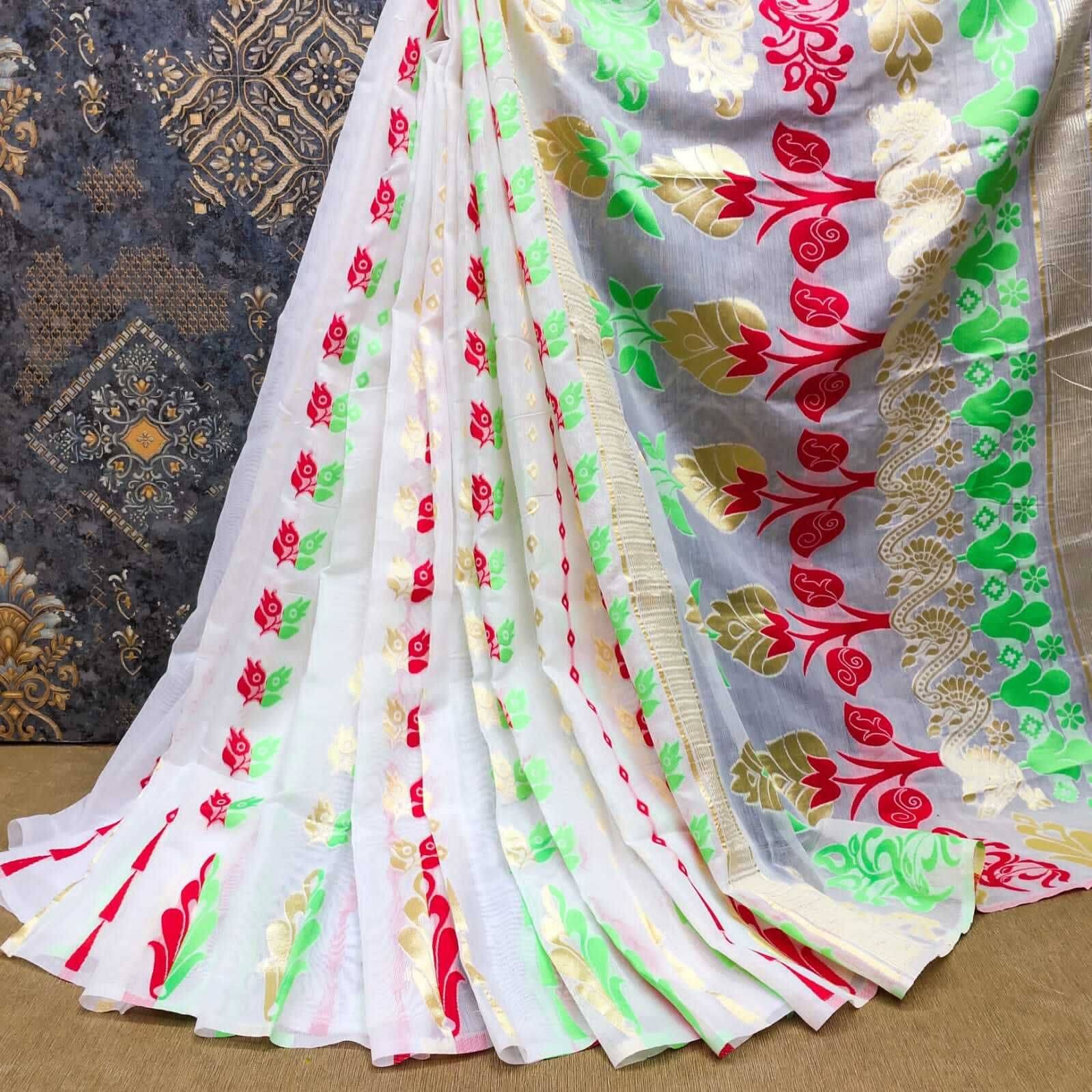 dravya womens Cotton Blend Woven Banarasi saree Without Blouse Piece ( White ) dravya womens Cotton Blend Woven Banarasi saree Without Blouse Piece ( White )