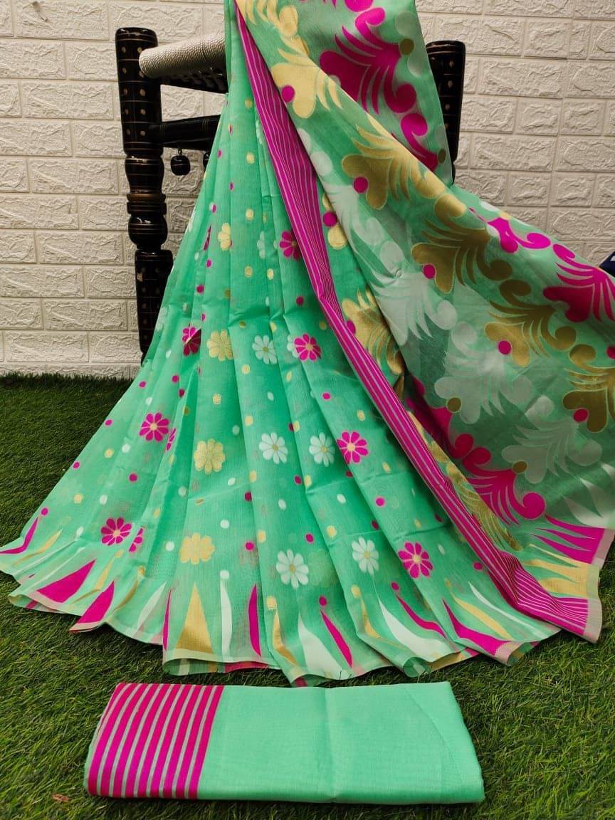    			dravya womens Cotton Blend Woven Banarasi saree With Unstitched Blouse Piece ( Green )