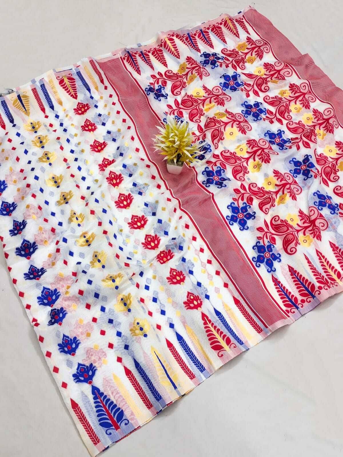     			dravya womens Cotton Blend Woven Banarasi saree Without Blouse Piece ( White )