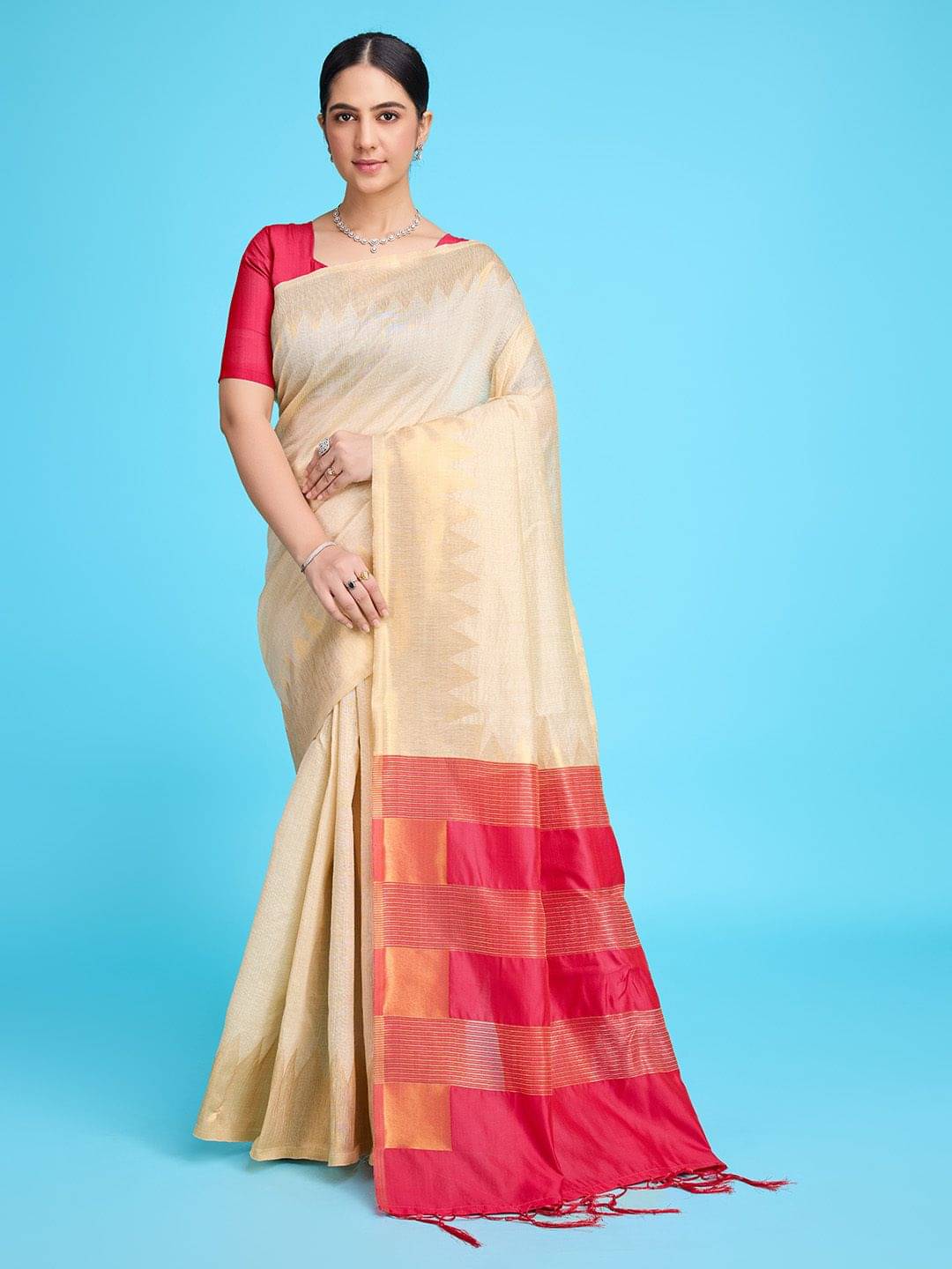     			dravya womens Cotton Blend Woven Banarasi saree Without Blouse Piece ( Pink )