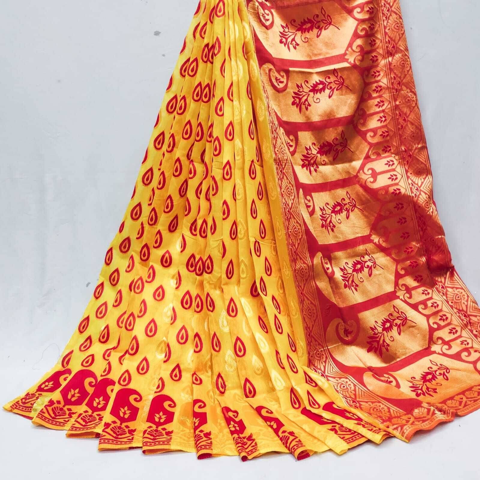     			dravya womens Cotton Blend Woven Banarasi saree Without Blouse Piece ( Yellow )