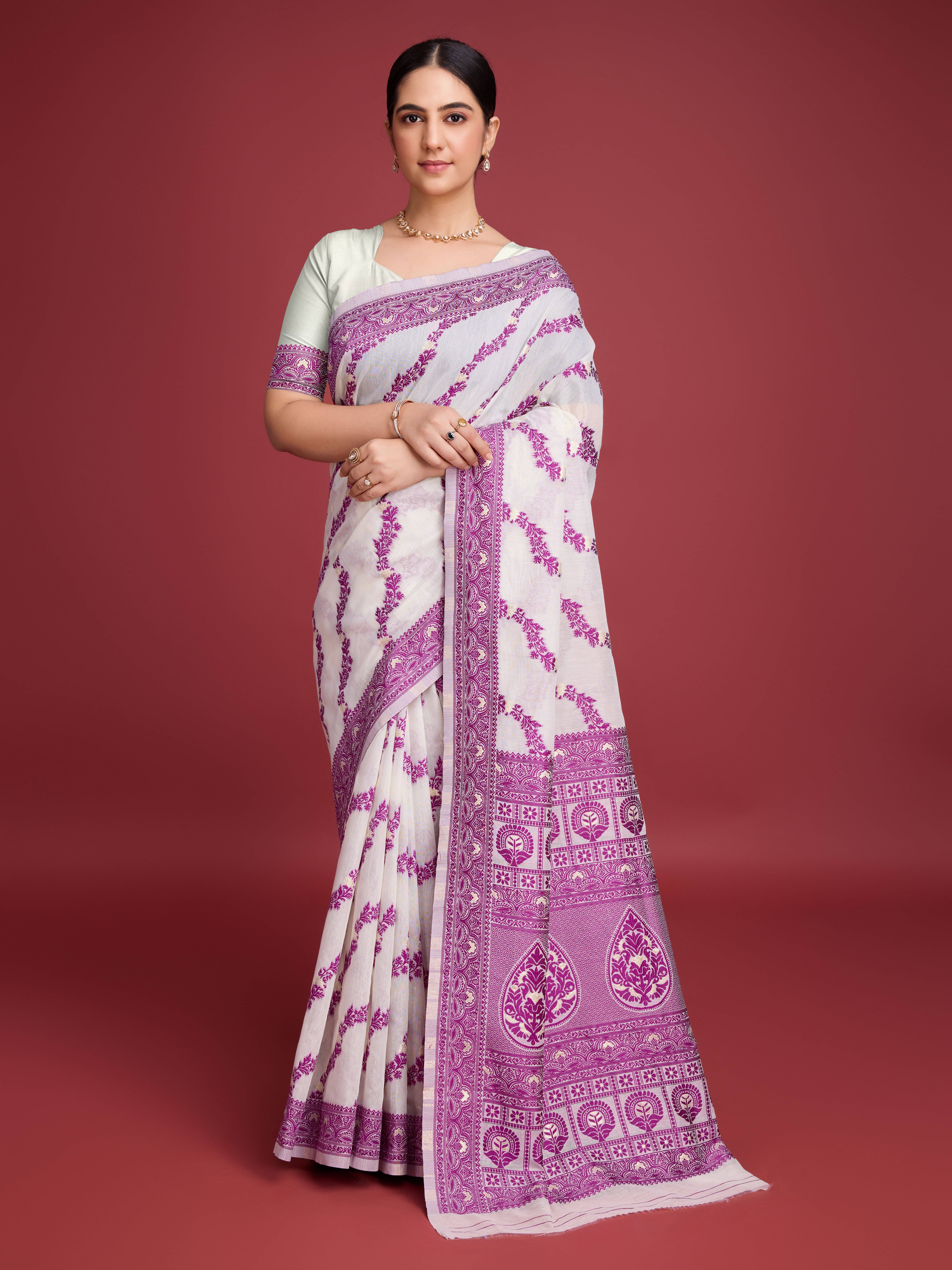 dravya womens Cotton Blend Woven Banarasi saree With Unstitched Blouse Piece ( Purple ) dravya womens Cotton Blend Woven Banarasi saree With Unstitched Blouse Piece ( Purple )