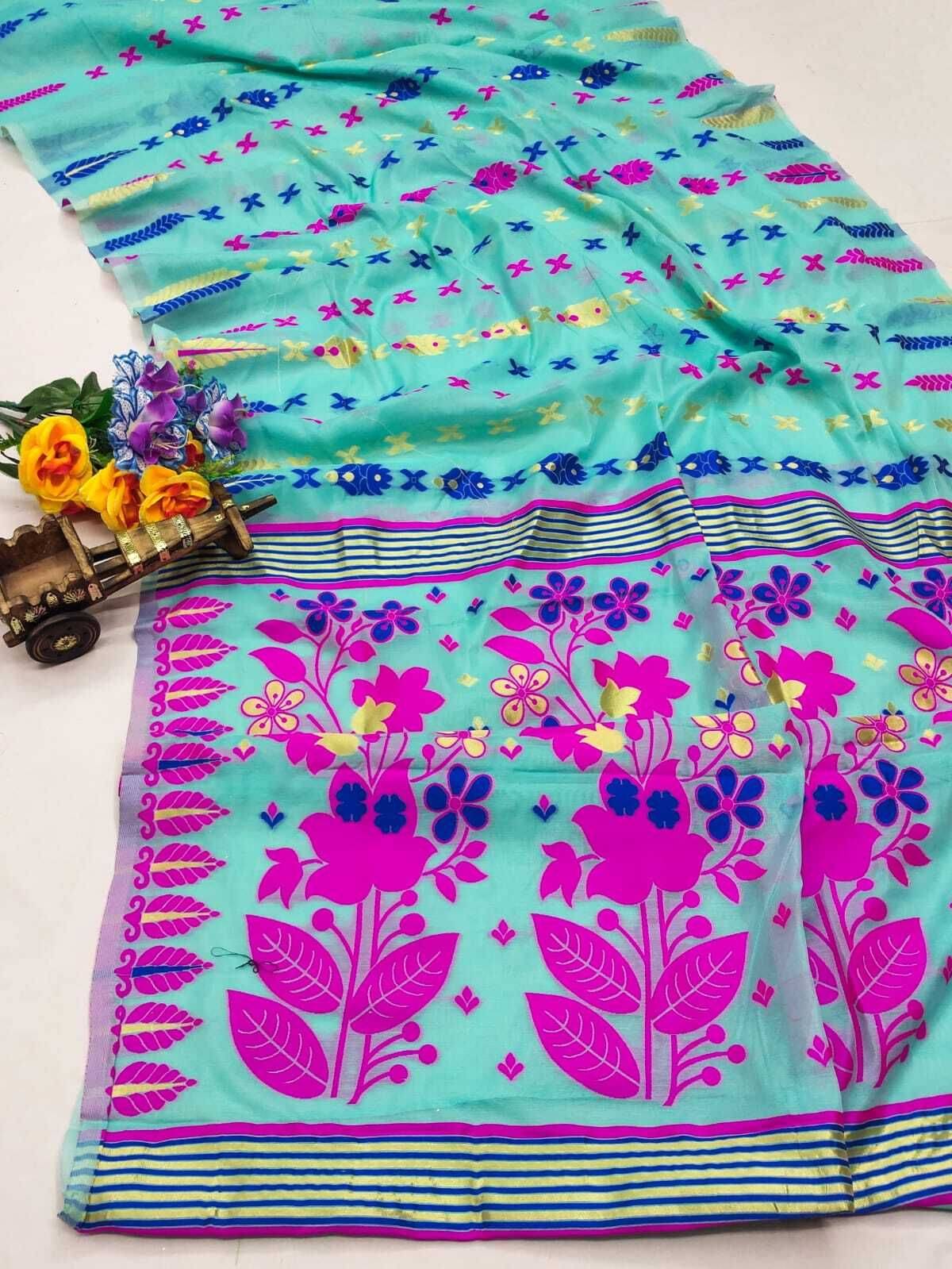     			dravya womens Cotton Blend Woven Banarasi saree Without Blouse Piece ( Light Blue )