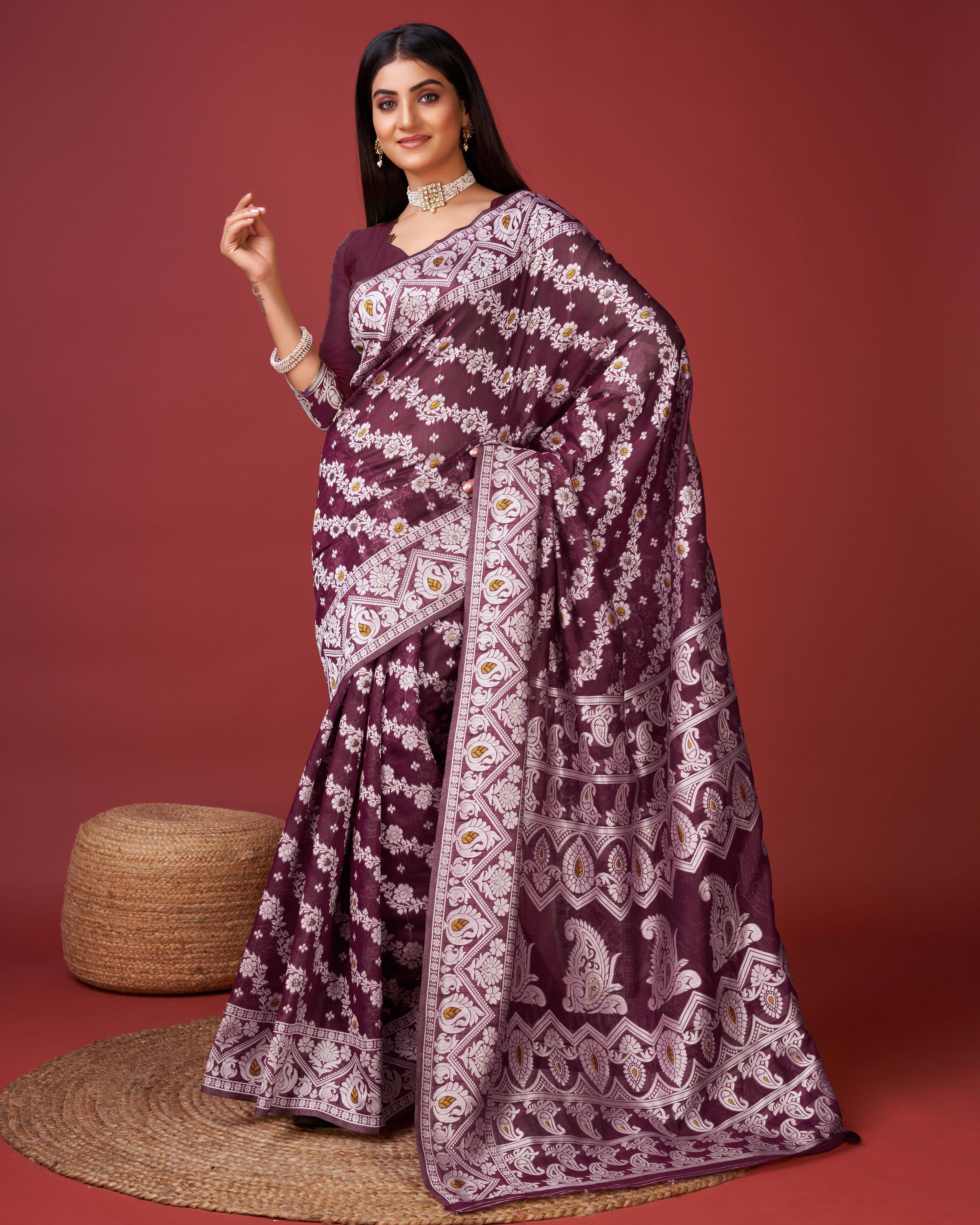 dravya womens Cotton Blend Woven Banarasi saree With Unstitched Blouse Piece ( Purple ) dravya womens Cotton Blend Woven Banarasi saree With Unstitched Blouse Piece ( Purple )