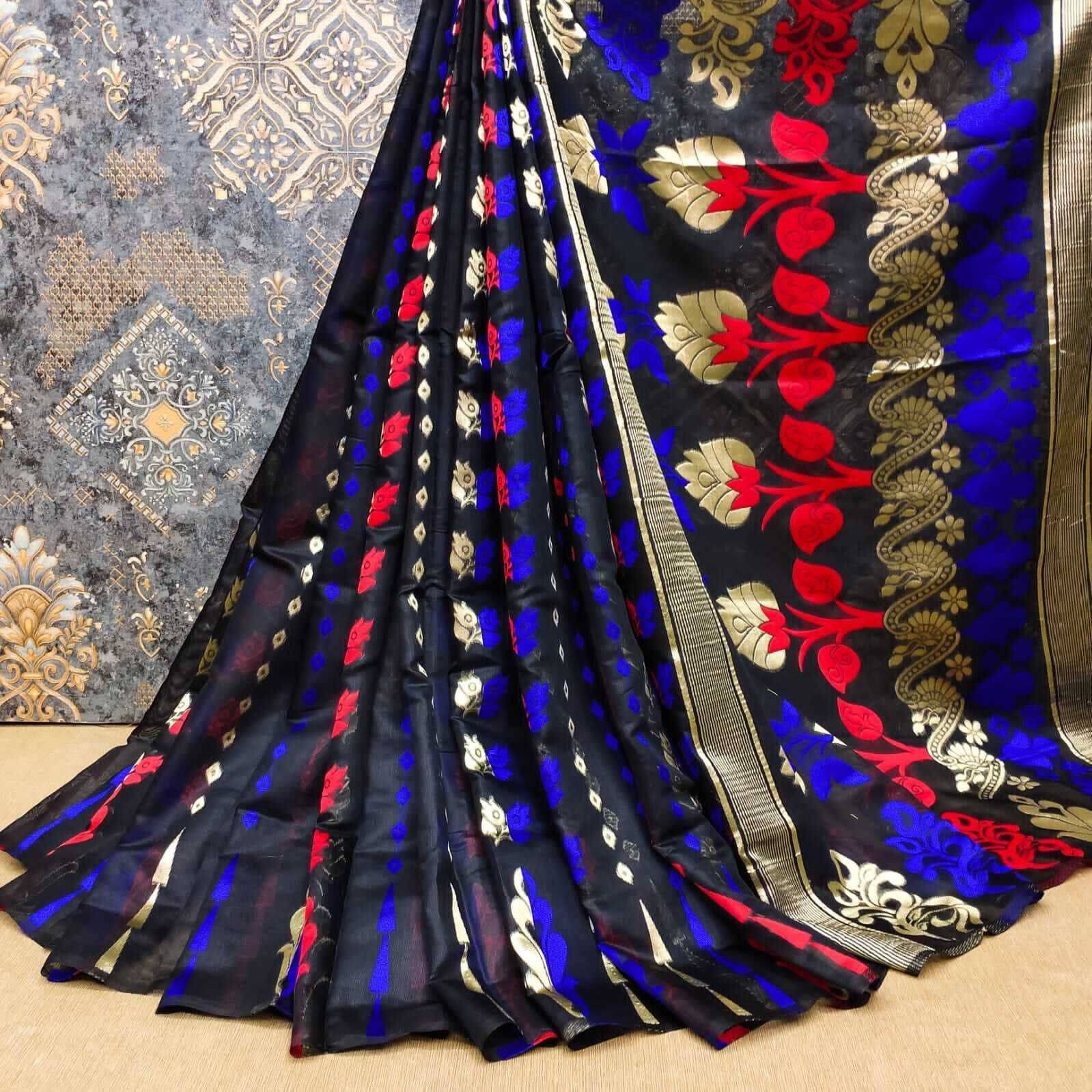 dravya womens Cotton Blend Woven Banarasi saree Without Blouse Piece ( Black ) dravya womens Cotton Blend Woven Banarasi saree Without Blouse Piece ( Black )