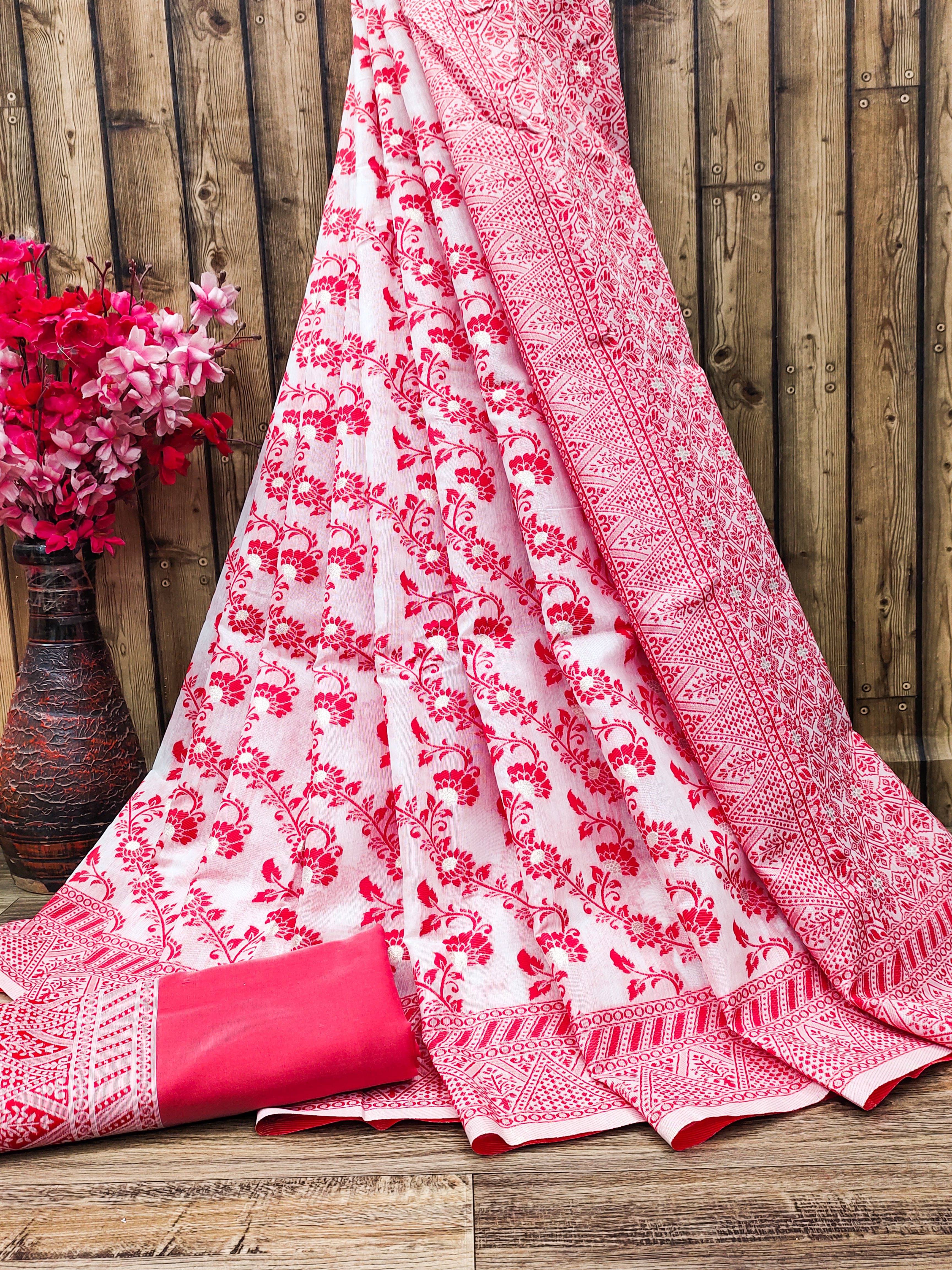 dravya womens Cotton Woven Banarasi saree With Unstitched Blouse Piece ( Red ) dravya womens Cotton Woven Banarasi saree With Unstitched Blouse Piece ( Red )