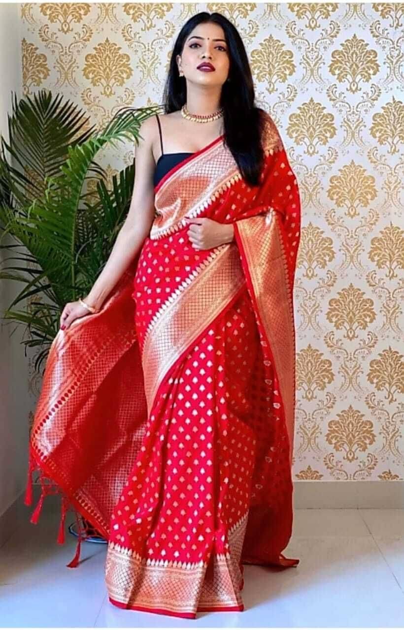dravya womens Jacquard Printed Banarasi saree With Unstitched Blouse Piece ( Red ) dravya womens Jacquard Printed Banarasi saree With Unstitched Blouse Piece ( Red )