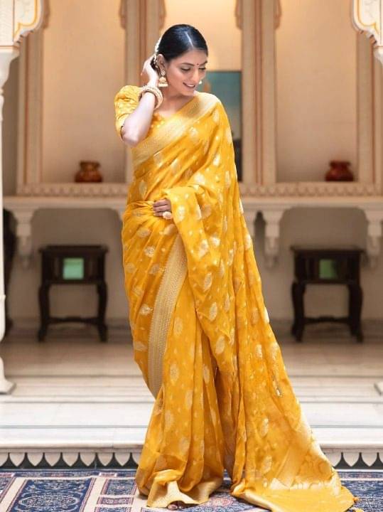 dravya womens Jacquard Printed Banarasi saree With Unstitched Blouse Piece ( Yellow ) dravya womens Jacquard Printed Banarasi saree With Unstitched Blouse Piece ( Yellow )