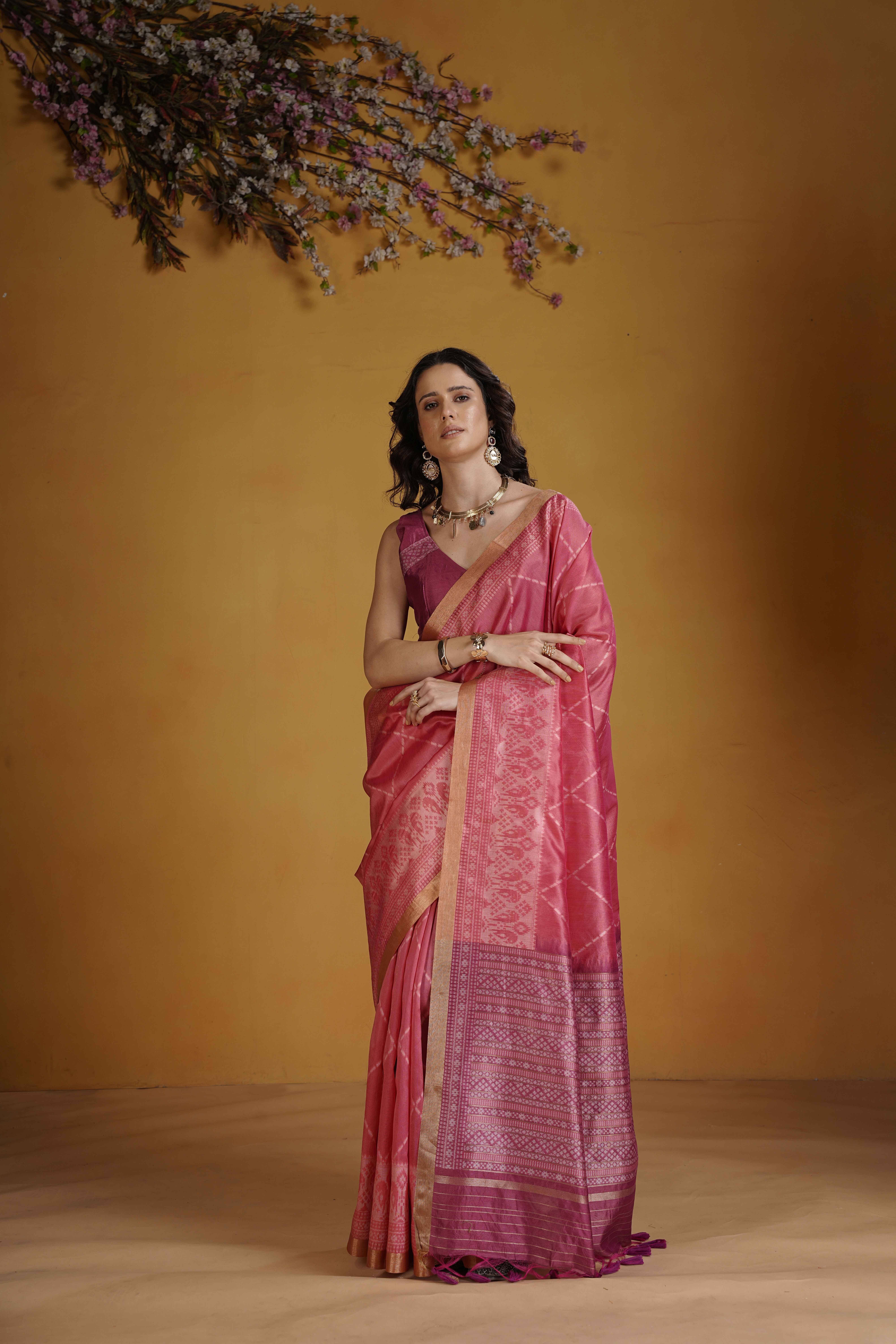     			dravya womens Jacquard Printed Banarasi saree With Unstitched Blouse Piece ( Pink )