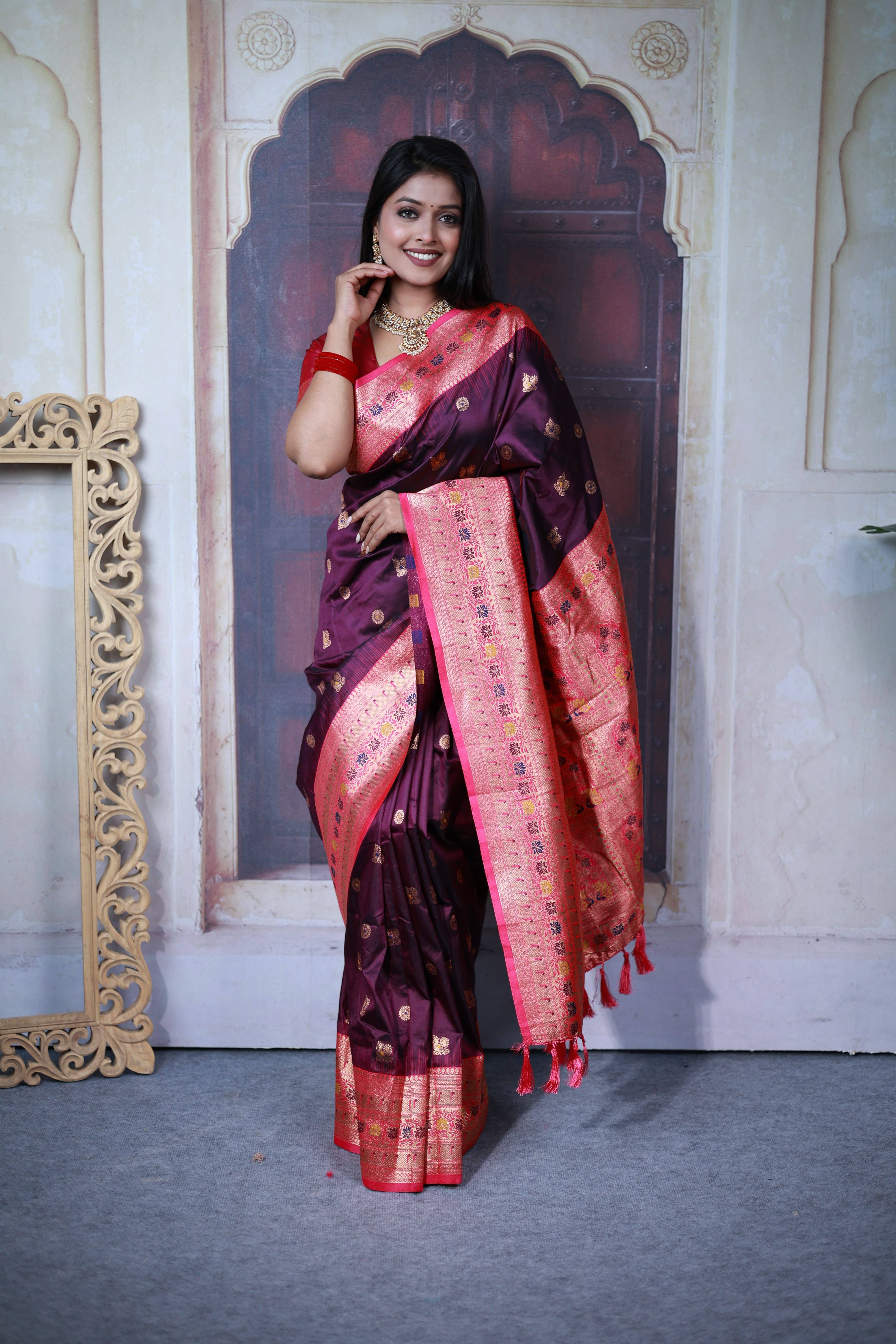 dravya womens Jacquard Woven Banarasi saree With Unstitched Blouse Piece ( Magenta ) dravya womens Jacquard Woven Banarasi saree With Unstitched Blouse Piece ( Magenta )