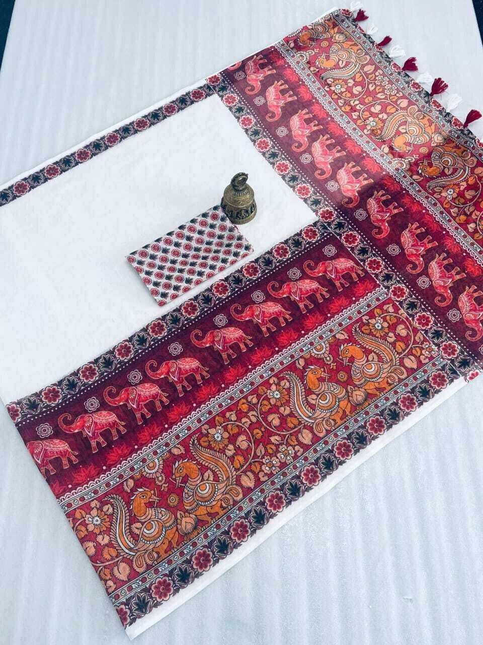     			dravya womens Linen Printed Banarasi saree With Unstitched Blouse Piece ( White )