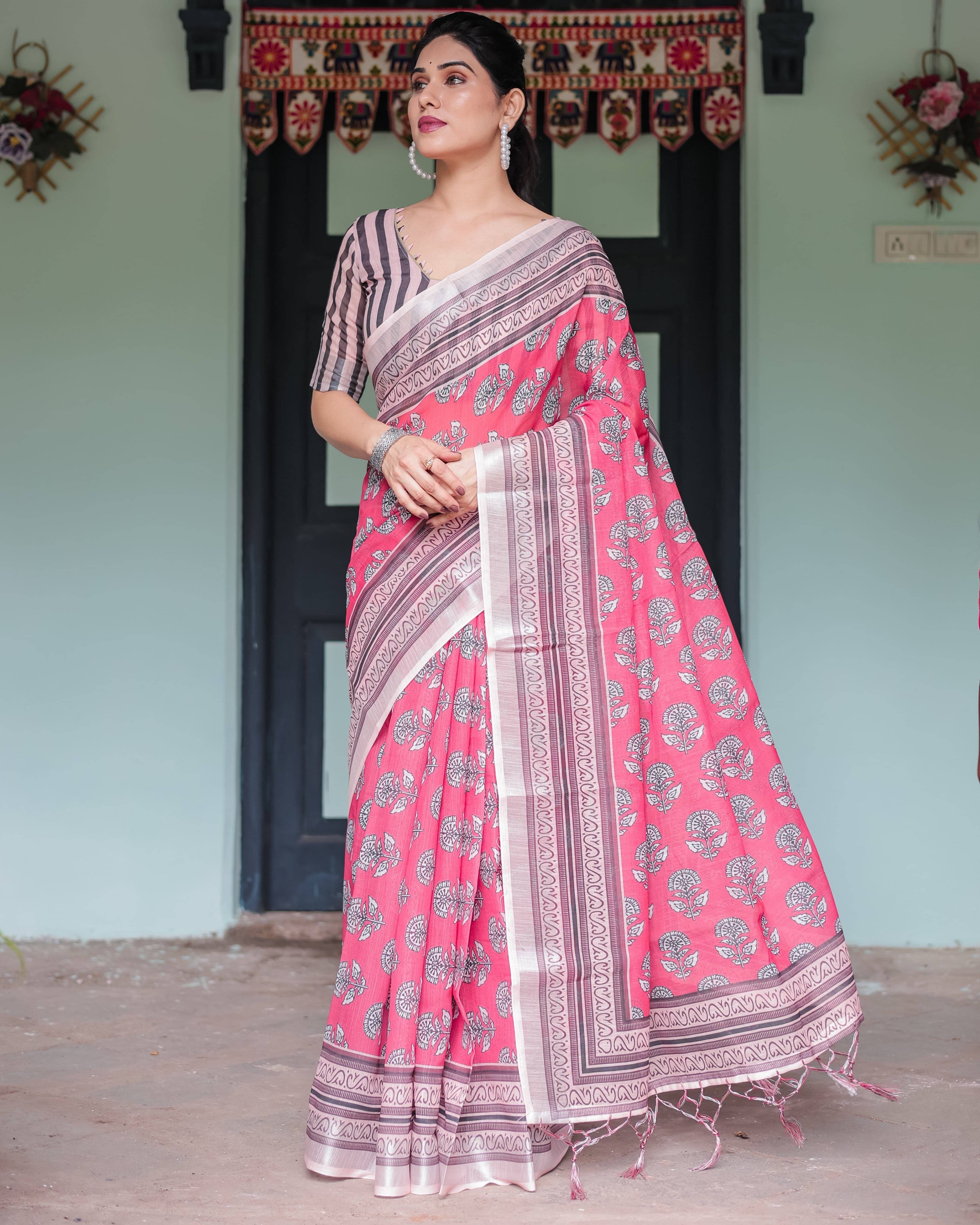     			dravya womens Linen Printed Banarasi saree With Unstitched Blouse Piece ( Pink )