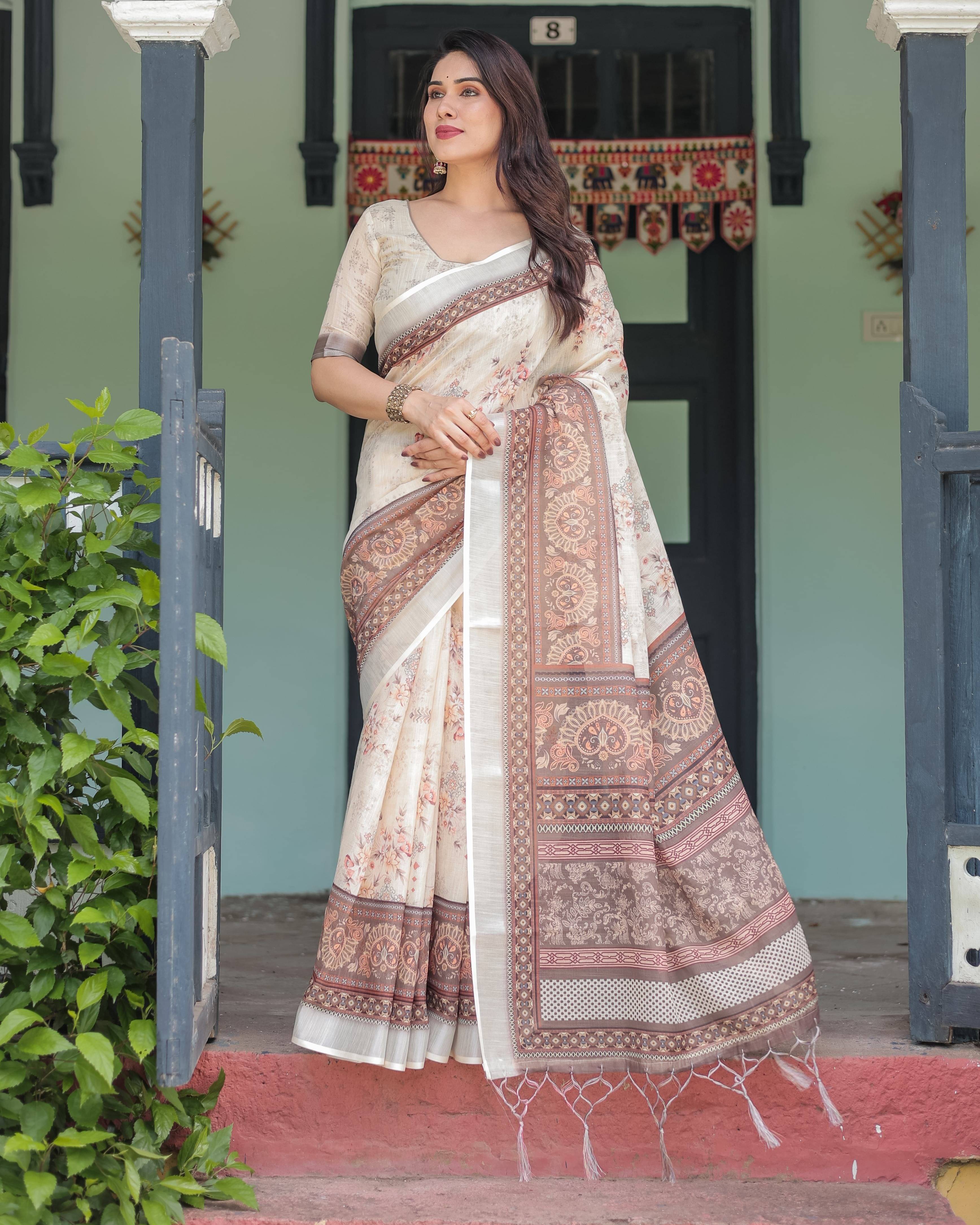 dravya womens Linen Printed Banarasi saree With Unstitched Blouse Piece ( Beige ) dravya womens Linen Printed Banarasi saree With Unstitched Blouse Piece ( Beige )