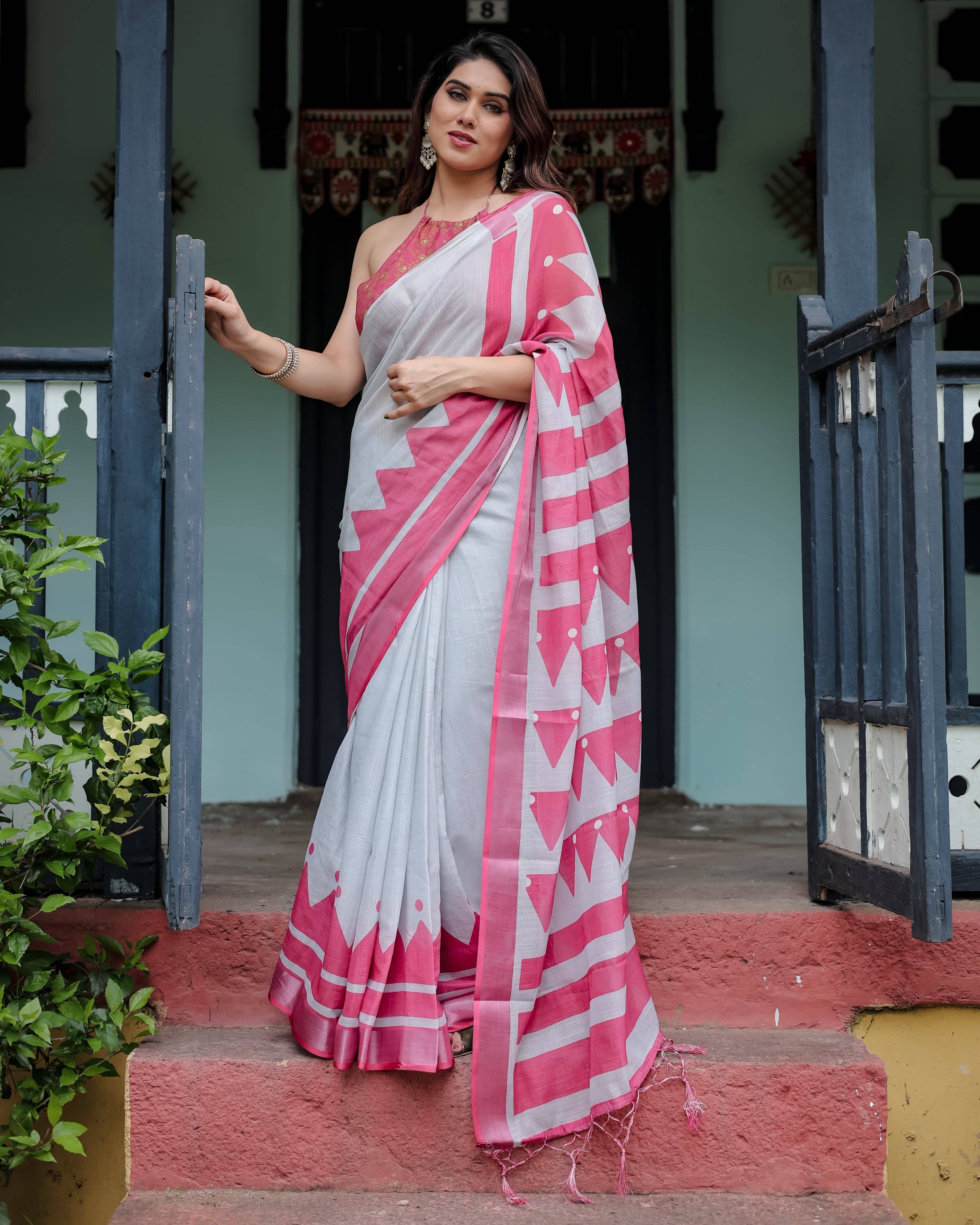     			dravya womens Linen Printed Banarasi saree With Unstitched Blouse Piece ( White )