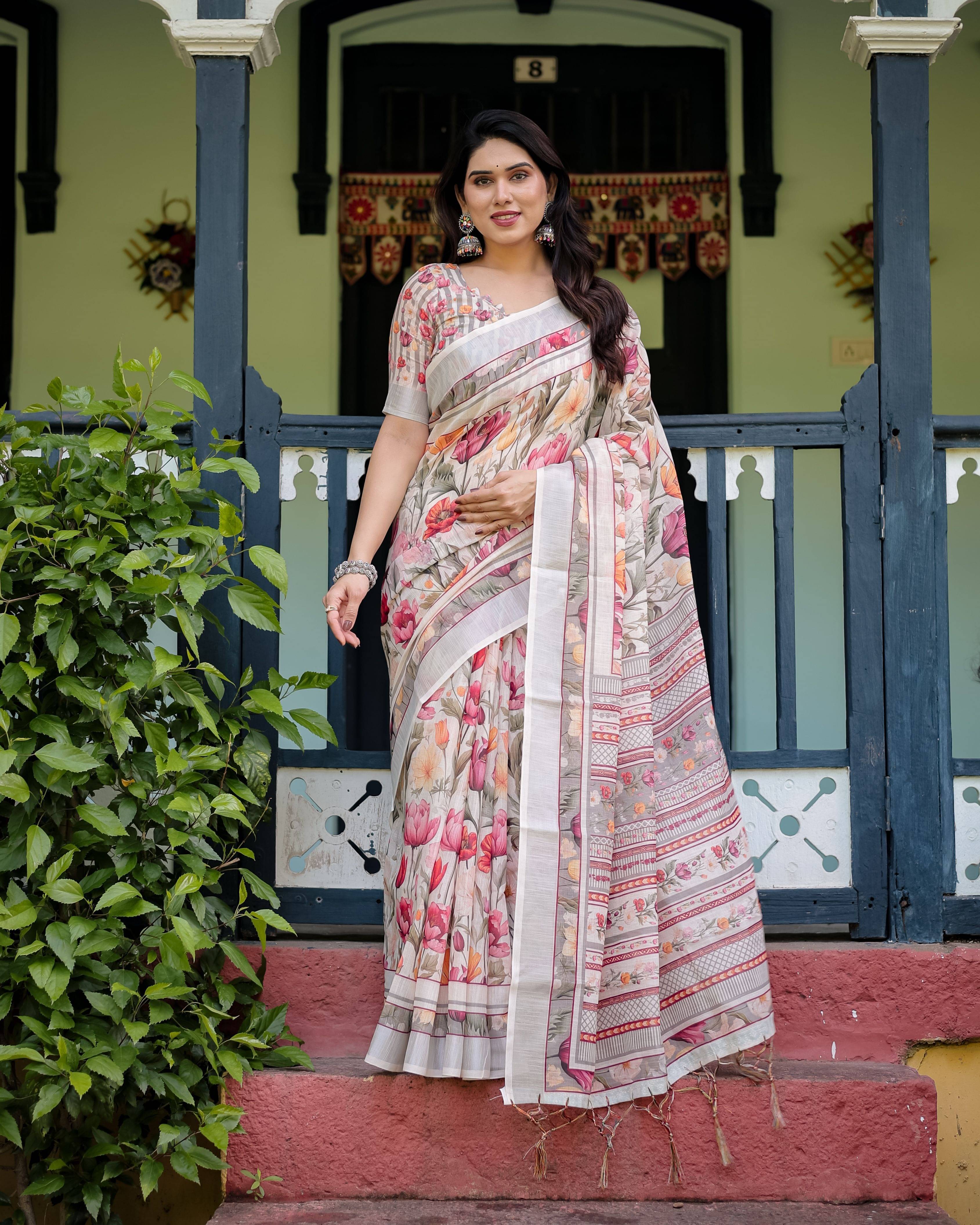 dravya womens Linen Printed Banarasi saree With Unstitched Blouse Piece ( Beige ) dravya womens Linen Printed Banarasi saree With Unstitched Blouse Piece ( Beige )