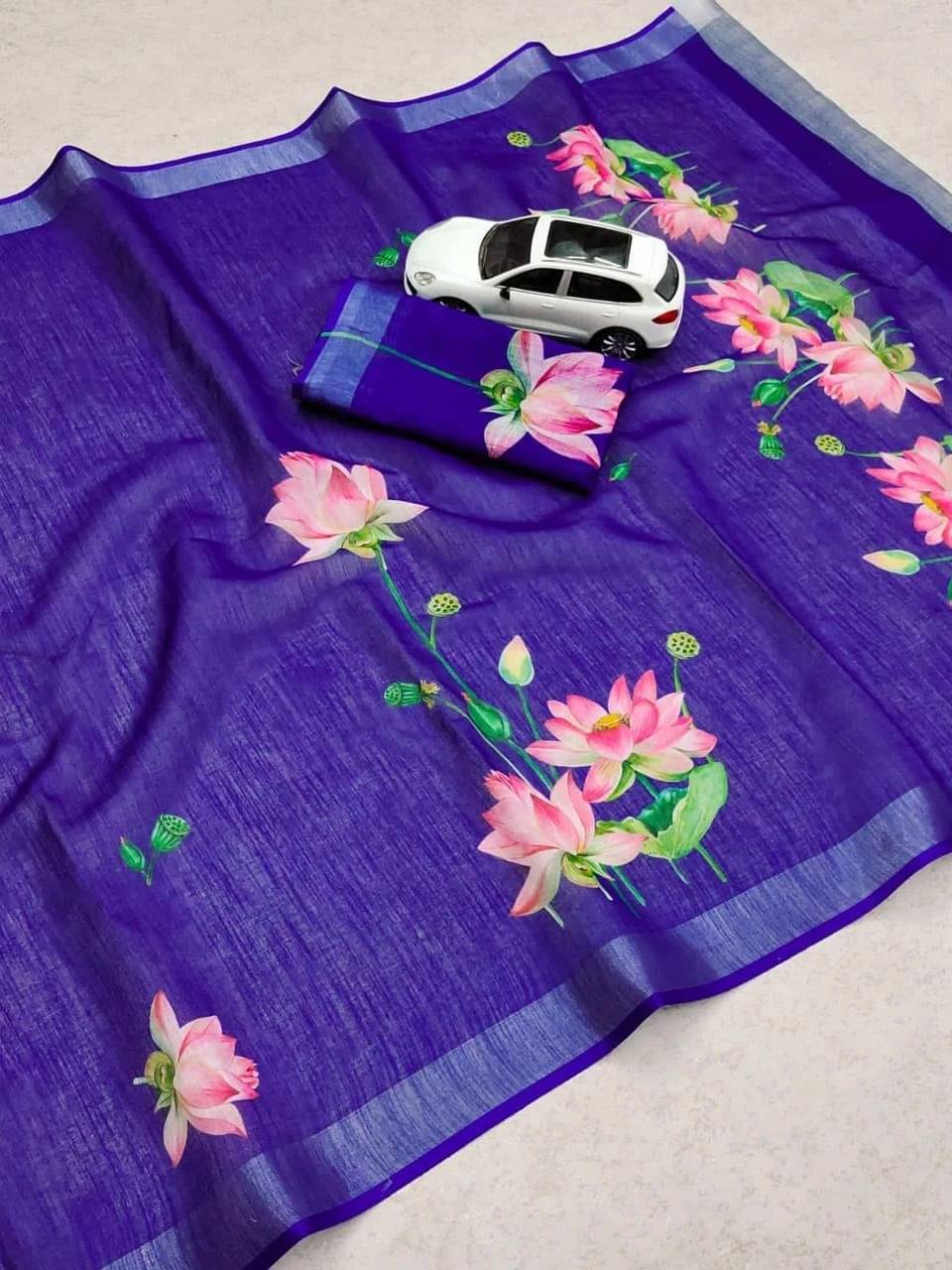     			dravya womens Linen Printed Banarasi saree With Unstitched Blouse Piece ( Purple )