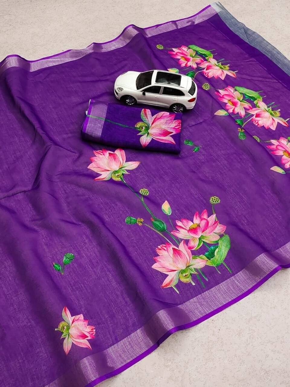     			dravya womens Linen Printed Banarasi saree With Unstitched Blouse Piece ( Purple )