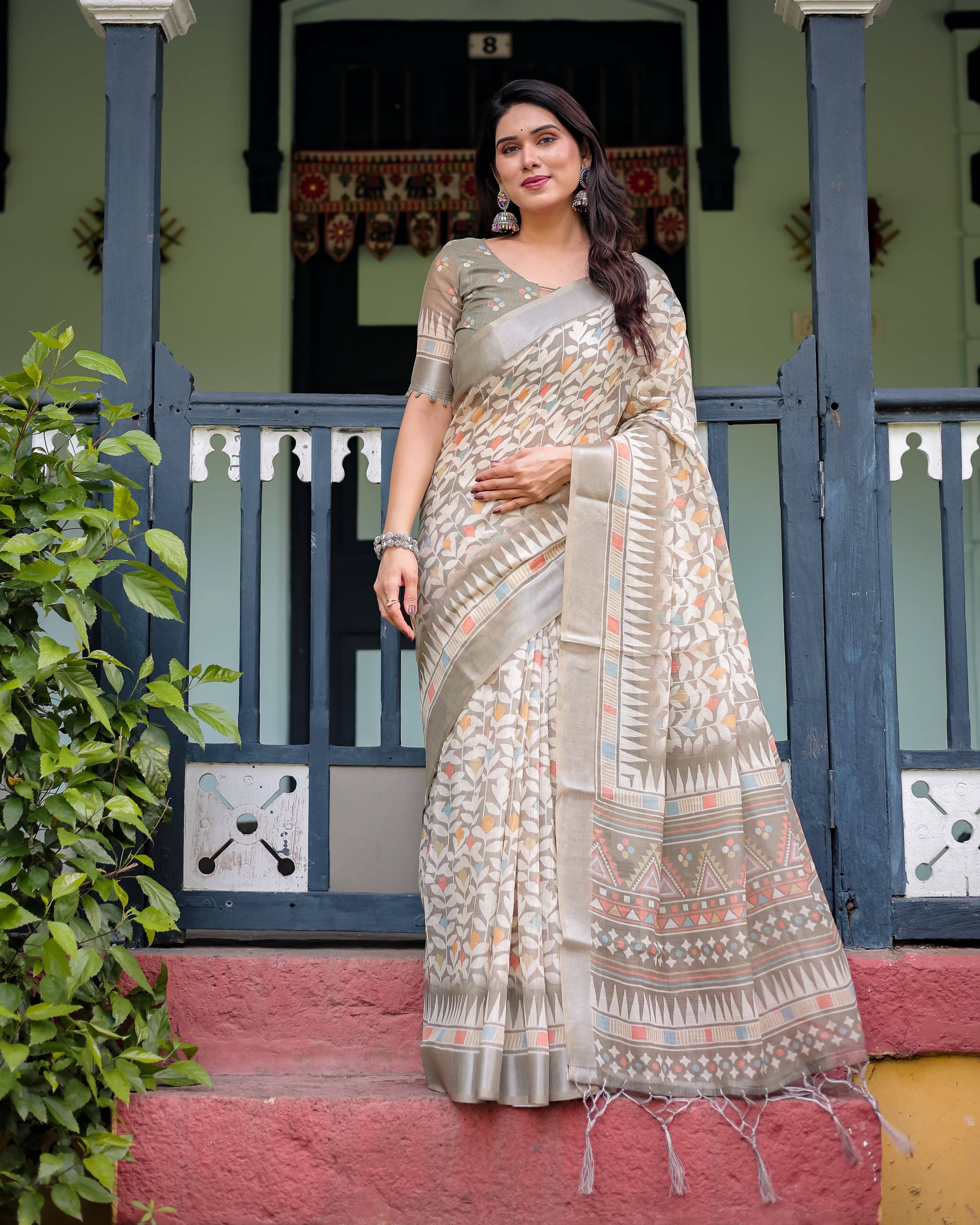 dravya womens Linen Printed Banarasi saree With Unstitched Blouse Piece ( Beige ) dravya womens Linen Printed Banarasi saree With Unstitched Blouse Piece ( Beige )