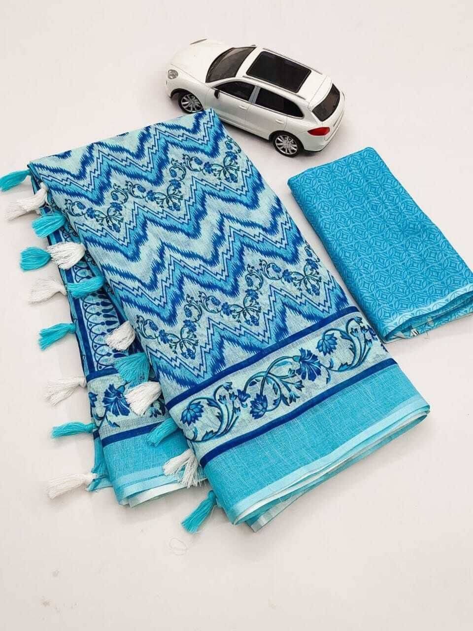     			dravya womens Linen Printed Banarasi saree With Unstitched Blouse Piece ( Light Blue )