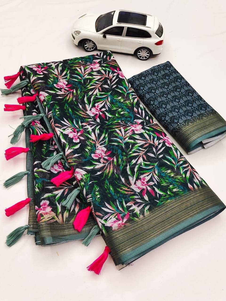 dravya womens Linen Printed Banarasi saree With Unstitched Blouse Piece ( Green ) dravya womens Linen Printed Banarasi saree With Unstitched Blouse Piece ( Green )