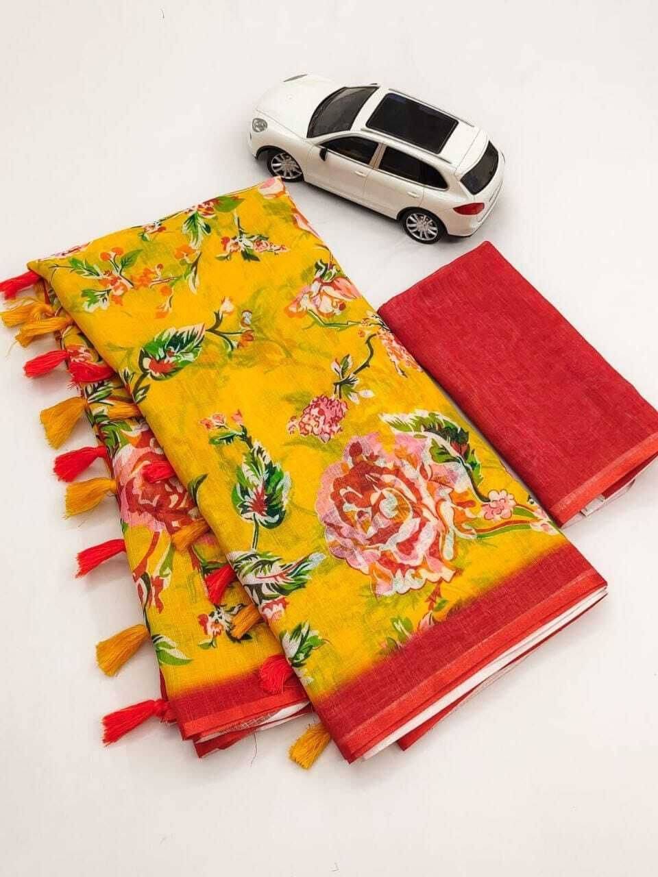     			dravya womens Linen Printed Banarasi saree With Unstitched Blouse Piece ( Yellow )