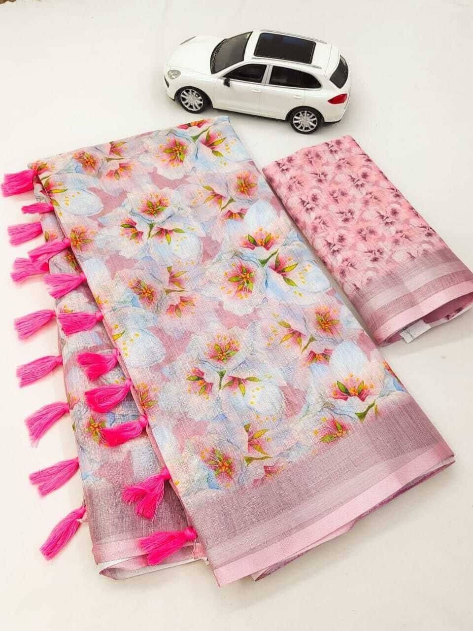     			dravya womens Linen Printed Banarasi saree With Unstitched Blouse Piece ( Pink )