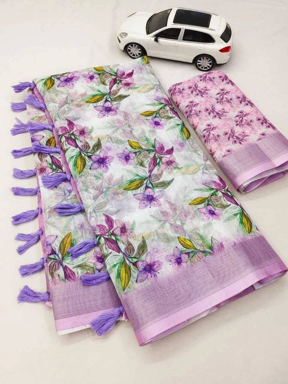     			dravya womens Linen Printed Banarasi saree With Unstitched Blouse Piece ( Purple )