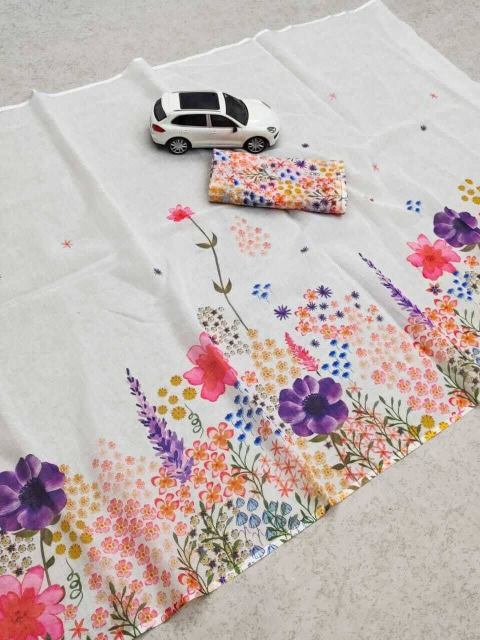     			dravya womens Linen Printed Banarasi saree With Unstitched Blouse Piece ( Purple )