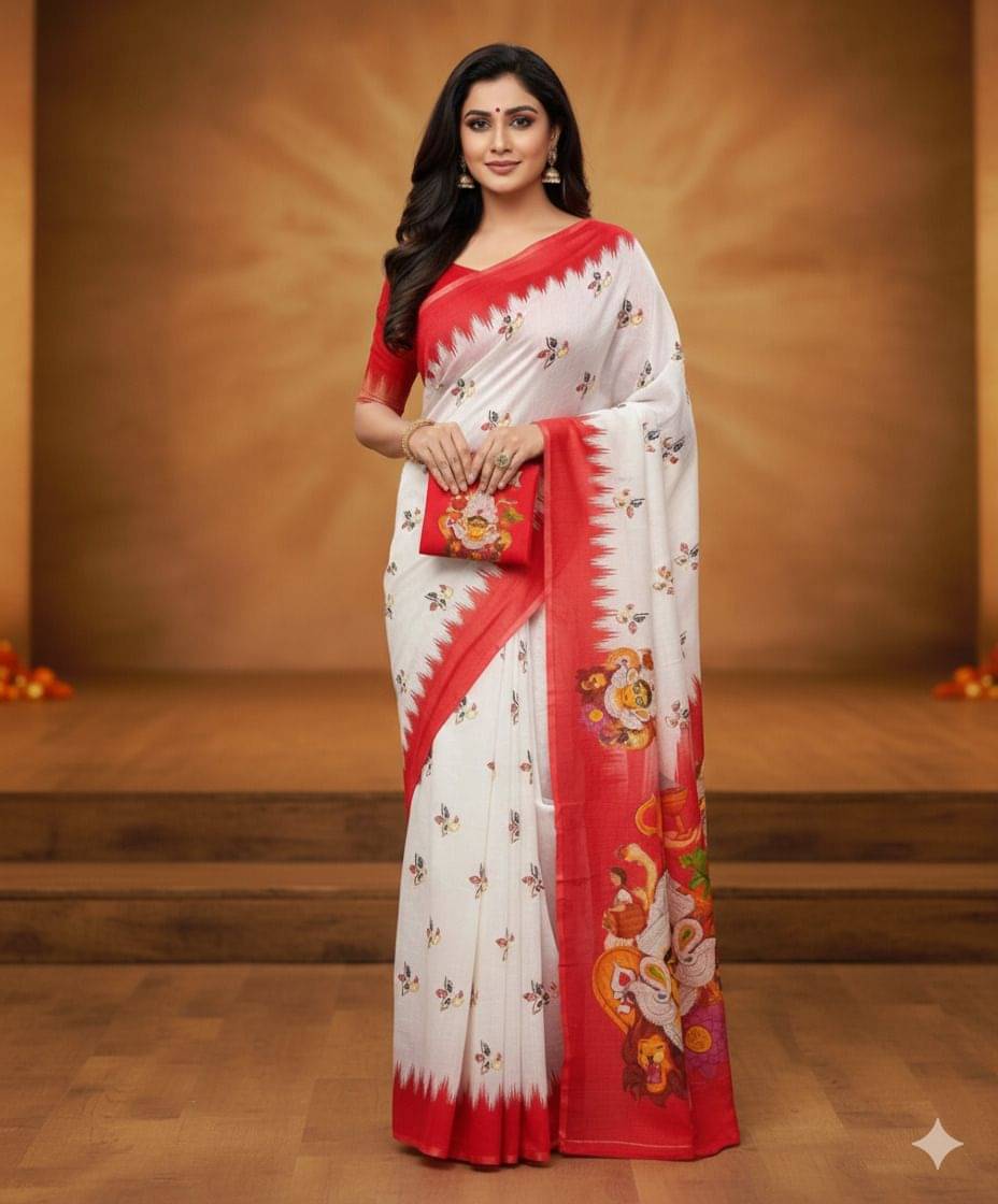     			dravya womens Linen Printed Banarasi saree With Unstitched Blouse Piece ( Red )