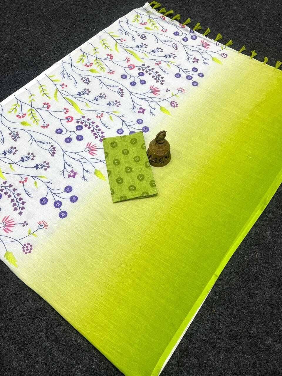     			dravya womens Linen Printed Banarasi saree With Unstitched Blouse Piece ( Green )