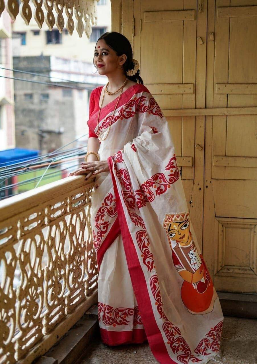     			dravya womens Linen Printed Banarasi saree With Unstitched Blouse Piece ( Red )
