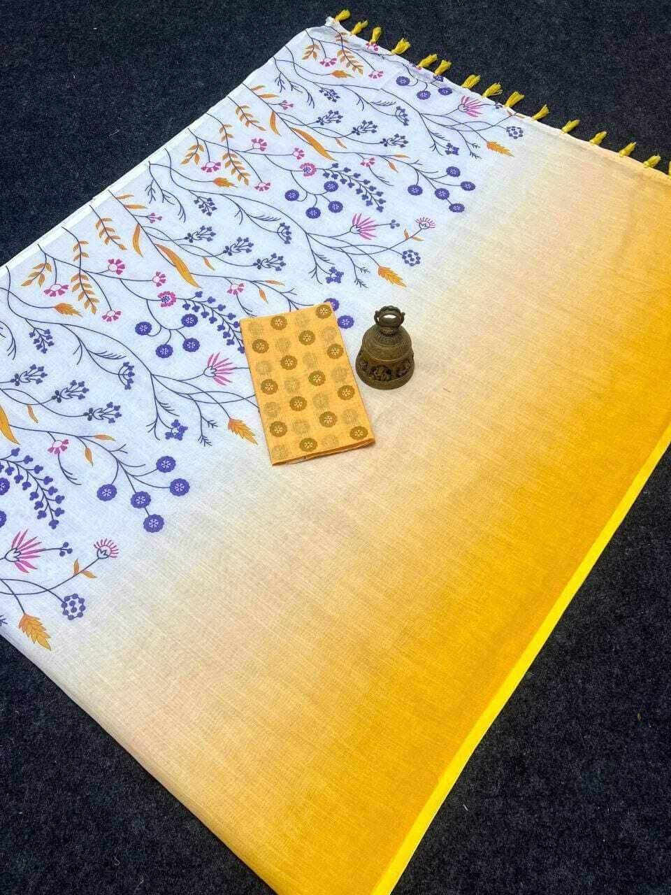 dravya womens Linen Printed Banarasi saree With Unstitched Blouse Piece ( Yellow ) dravya womens Linen Printed Banarasi saree With Unstitched Blouse Piece ( Yellow )