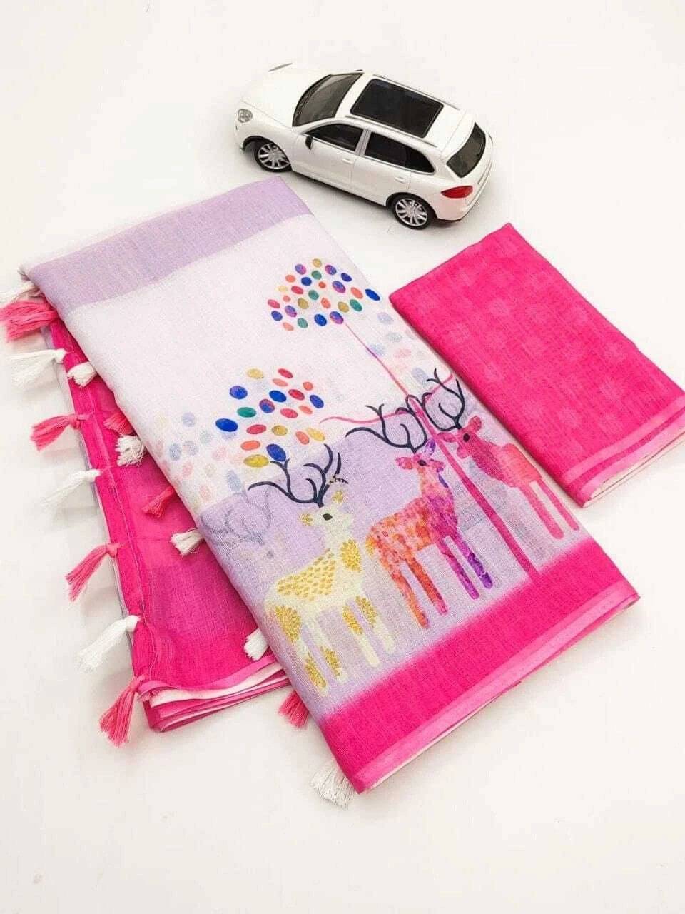     			dravya womens Linen Printed Banarasi saree With Unstitched Blouse Piece ( White )