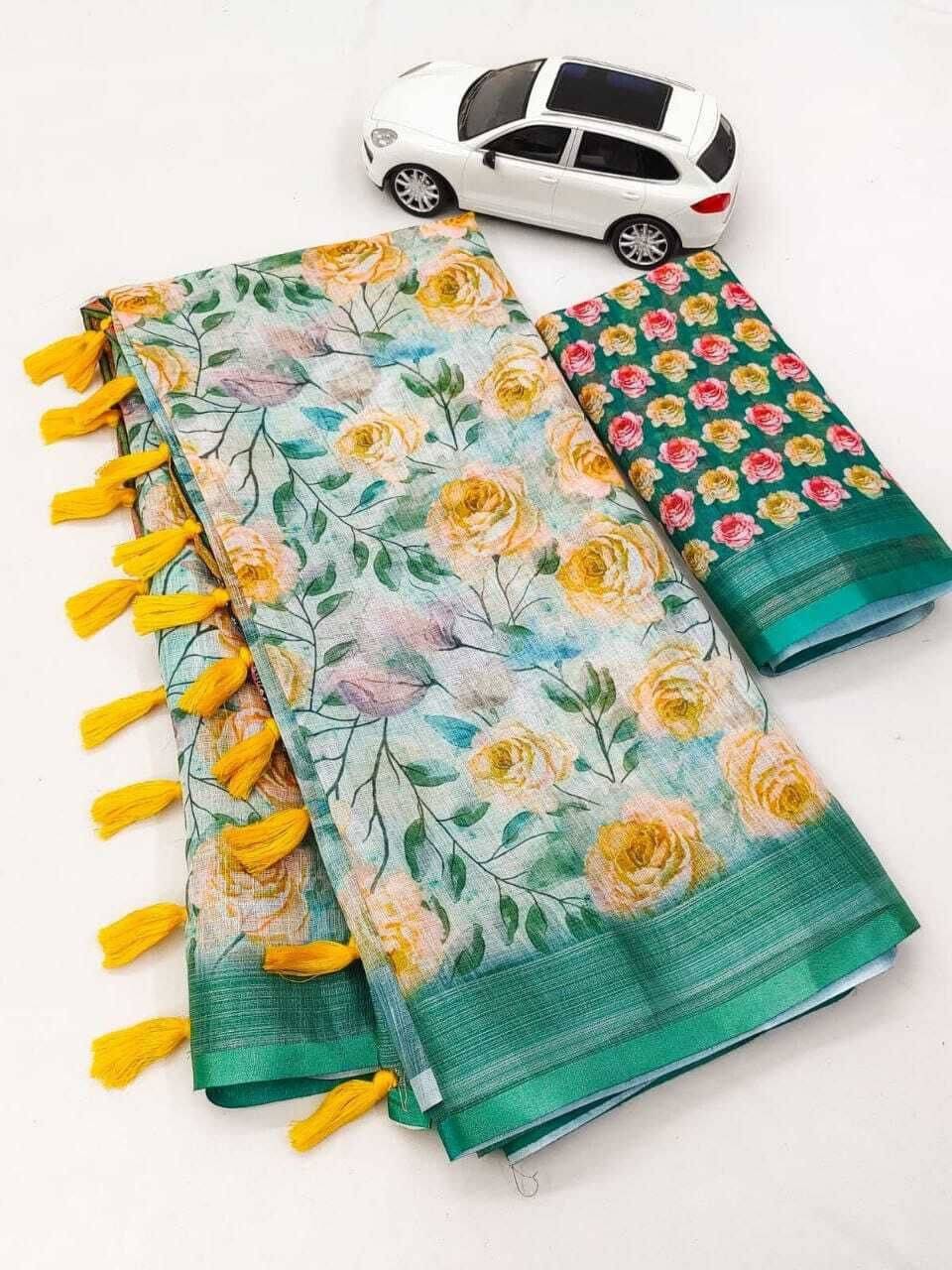dravya womens Linen Printed Banarasi saree With Unstitched Blouse Piece ( Yellow ) dravya womens Linen Printed Banarasi saree With Unstitched Blouse Piece ( Yellow )