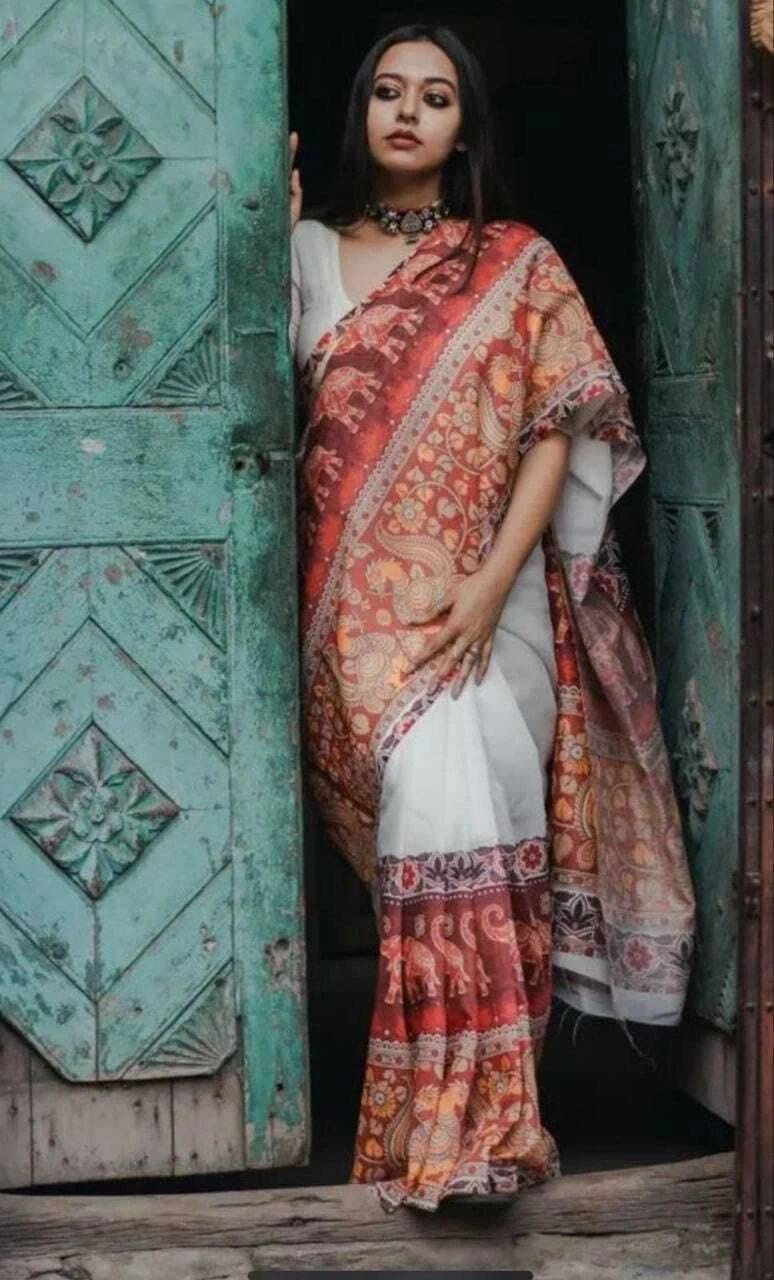     			dravya womens Linen Printed Banarasi saree With Unstitched Blouse Piece ( White )