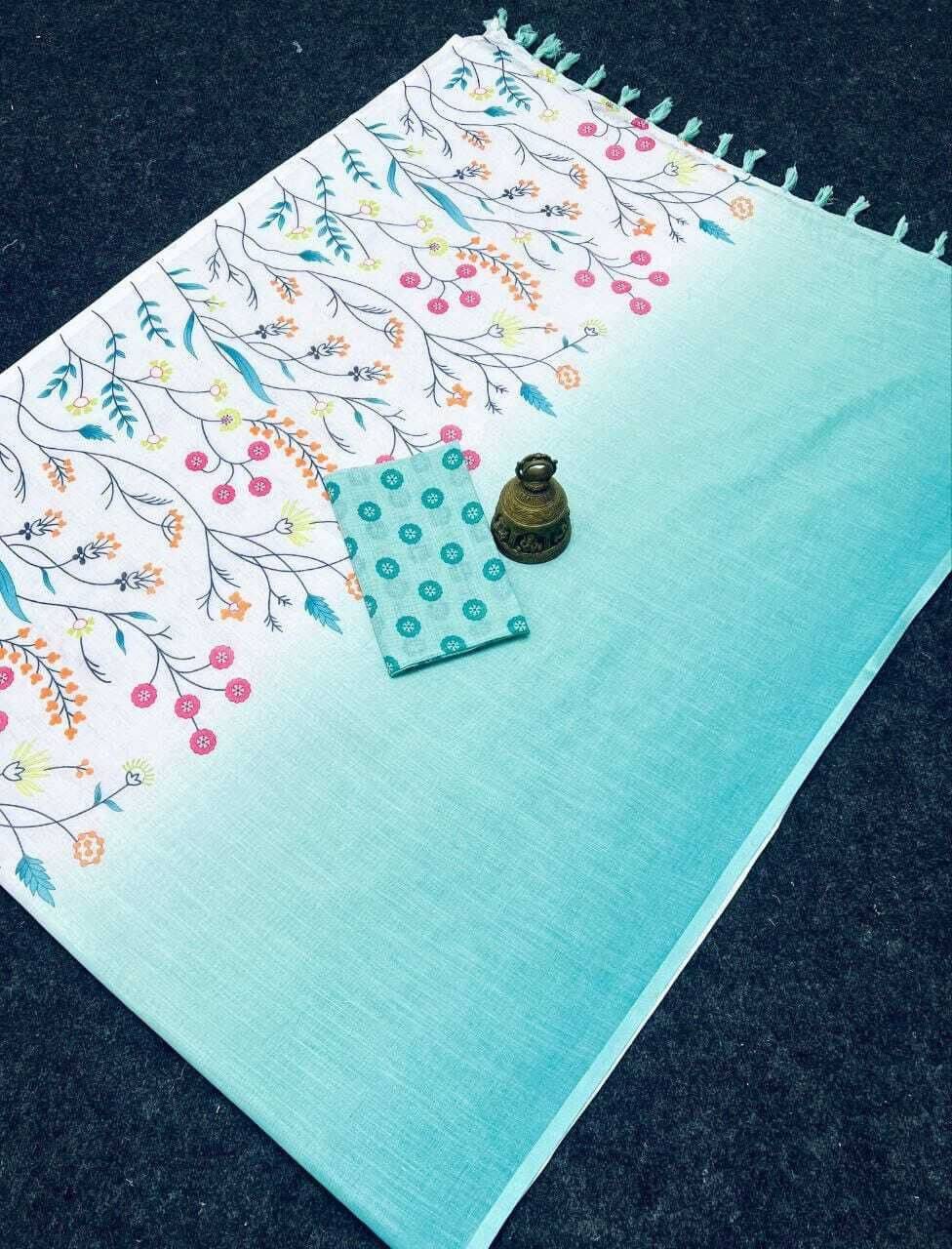 dravya womens Linen Printed Banarasi saree With Unstitched Blouse Piece ( Blue ) dravya womens Linen Printed Banarasi saree With Unstitched Blouse Piece ( Blue )