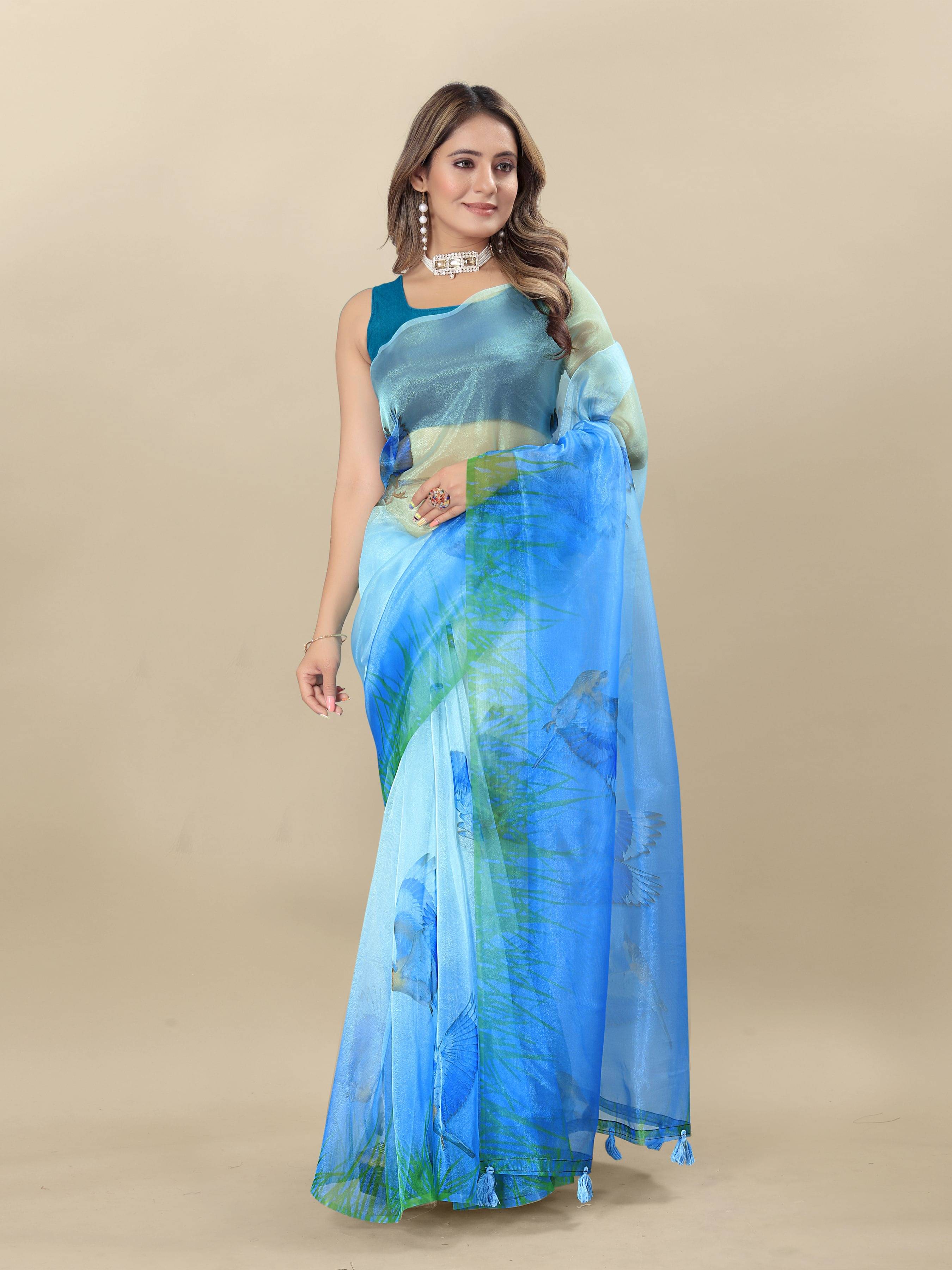 dravya womens Organza Printed Banarasi saree With Unstitched Blouse Piece ( Light Blue ) dravya womens Organza Printed Banarasi saree With Unstitched Blouse Piece ( Light Blue )