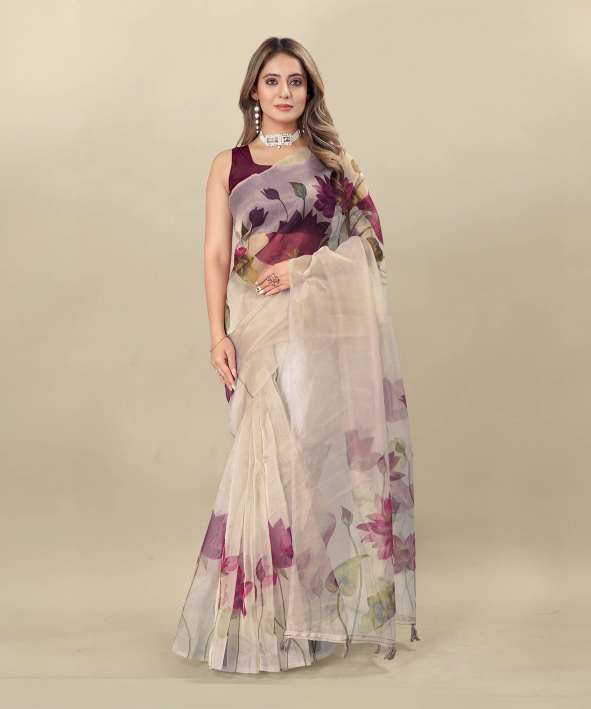     			dravya womens Organza Printed Banarasi saree With Unstitched Blouse Piece ( Purple )