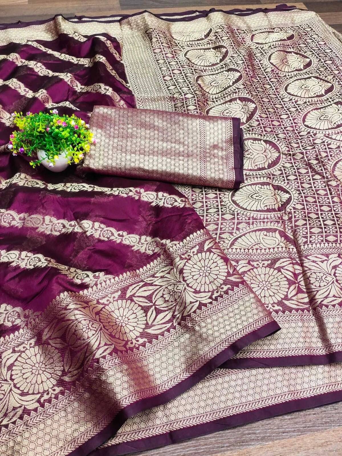 dravya womens Organza Woven Banarasi saree With Unstitched Blouse Piece ( Purple ) dravya womens Organza Woven Banarasi saree With Unstitched Blouse Piece ( Purple )