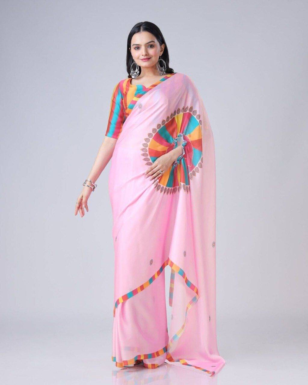 dravya womens Silk Blend Printed Banarasi saree With Stitched Blouse ( Pink ) dravya womens Silk Blend Printed Banarasi saree With Stitched Blouse ( Pink )
