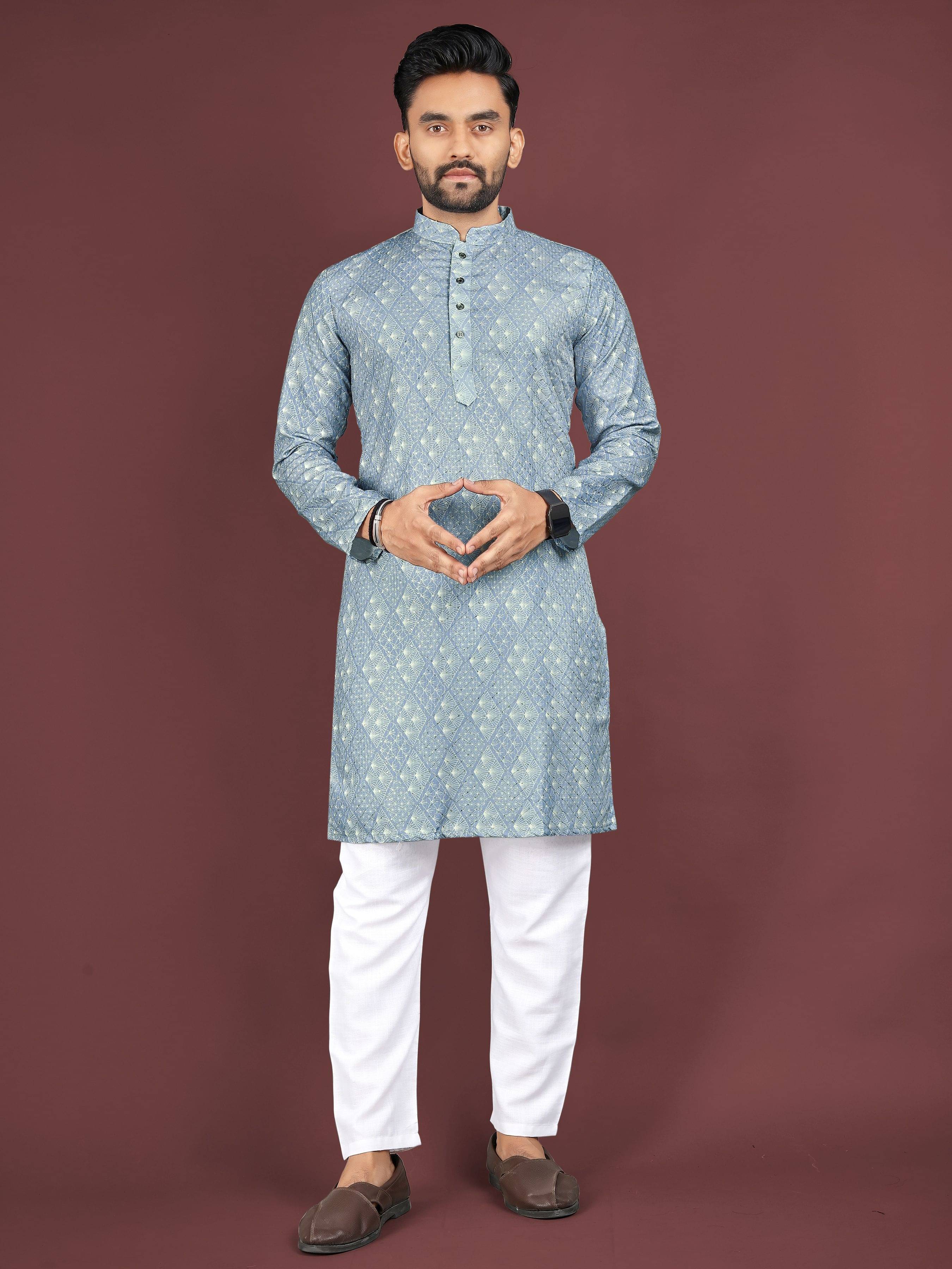 LEIPZIG FASHION Sky Blue Cotton Blend Regular Fit Men's Kurta Pyjama Set ( Pack of 1 ) LEIPZIG FASHION Sky Blue Cotton Blend Regular Fit Men's Kurta Pyjama Set ( Pack of 1 )