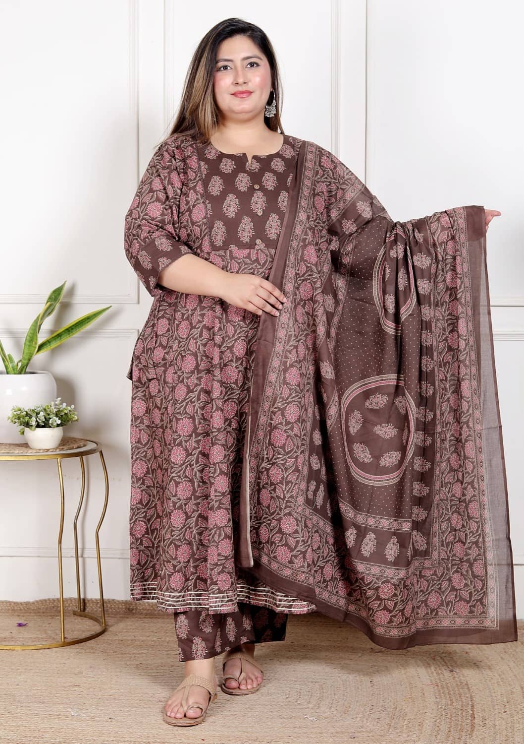 Swasti Women Cotton Printed Anarkali Kurti With Patiala Salwar ( Brown )