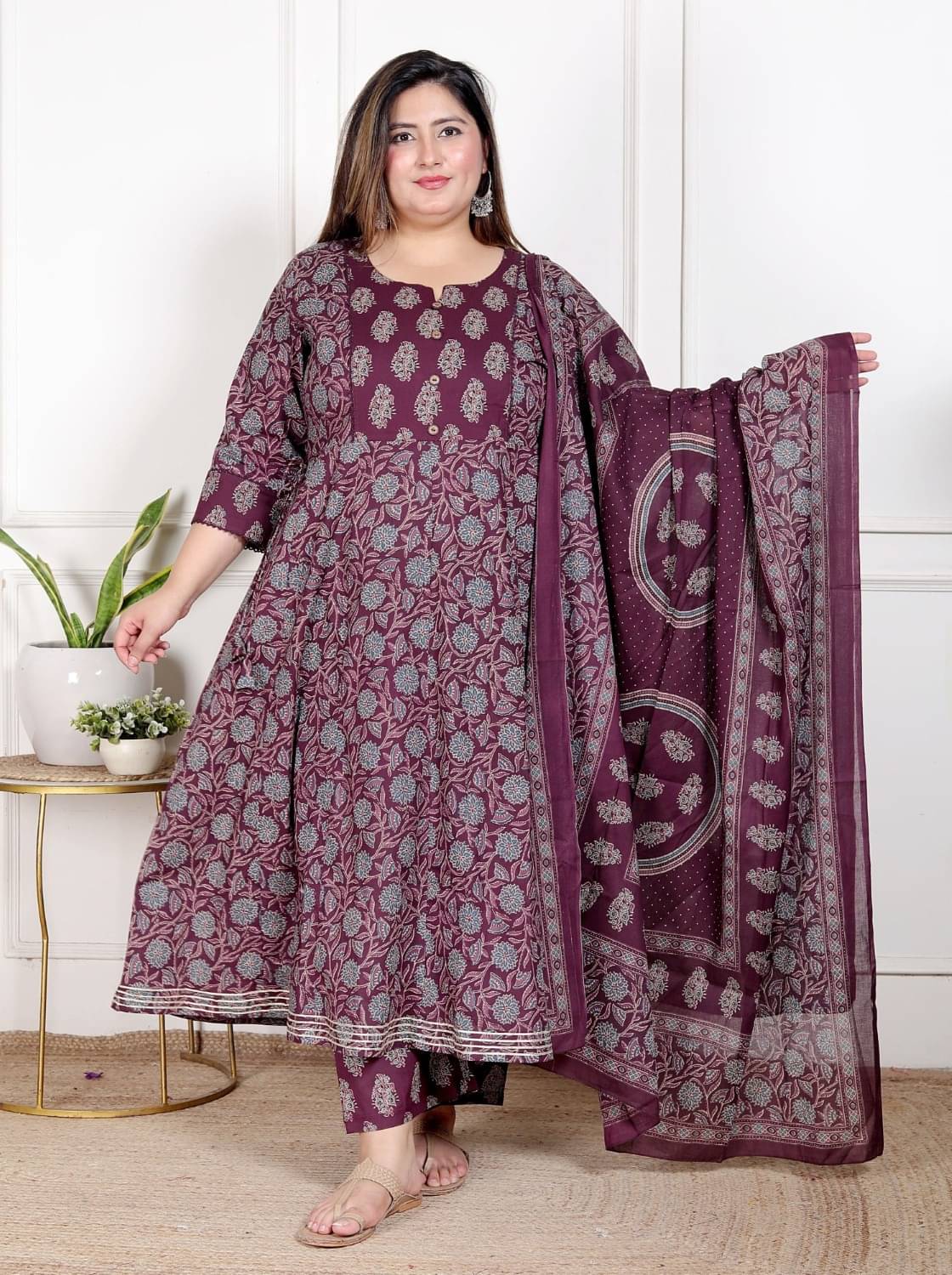     			Swasti Women Cotton Printed Anarkali Kurti With Patiala Salwar ( Purple )