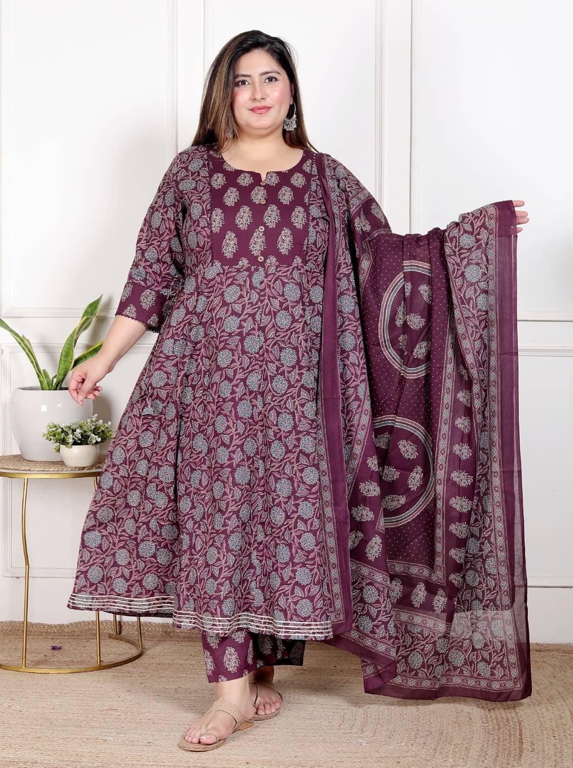 Swasti Women Cotton Printed Anarkali Kurti With Patiala Salwar ( Purple )