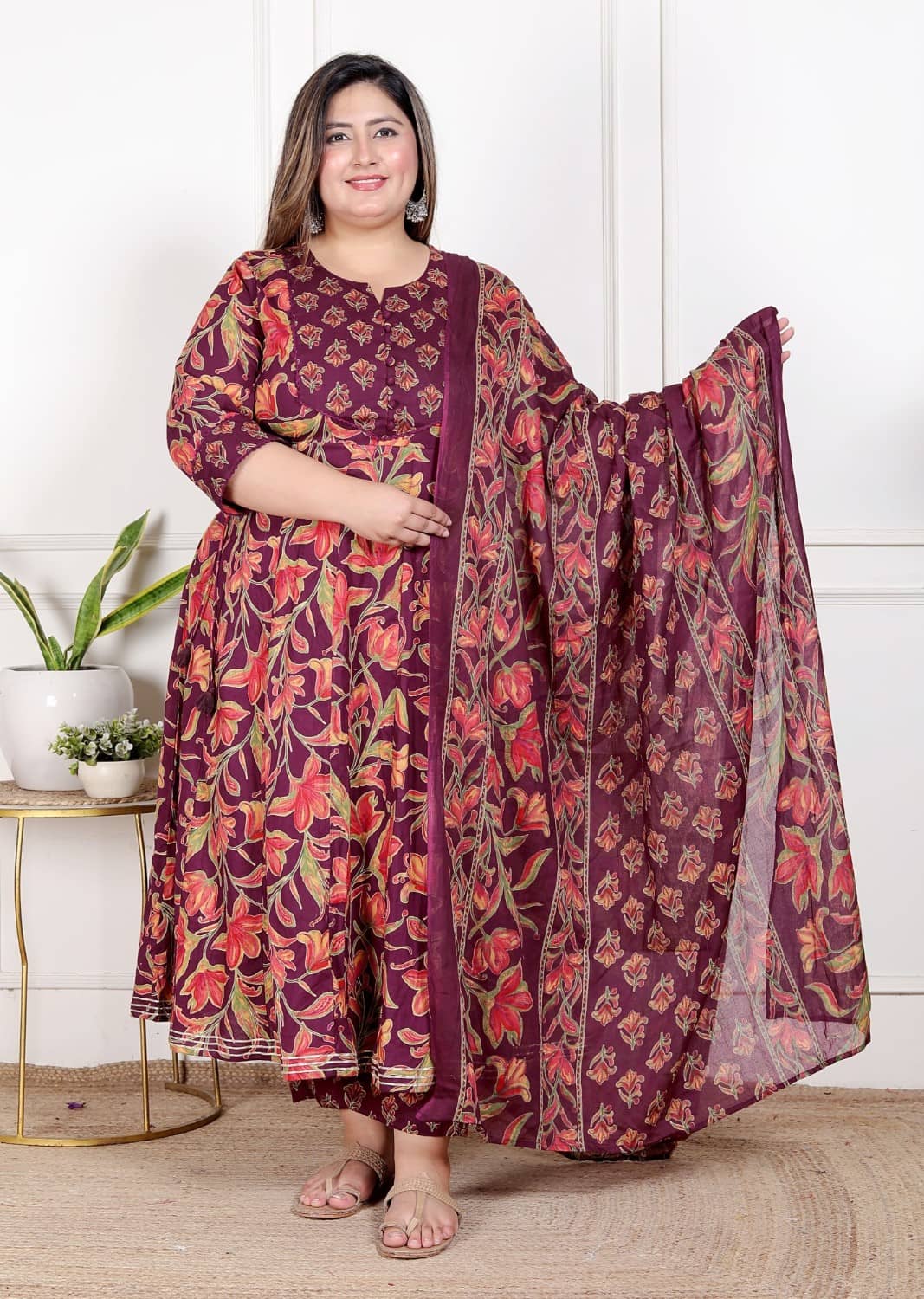 Swasti Women Cotton Printed Anarkali Kurti With Patiala Salwar ( Beige )