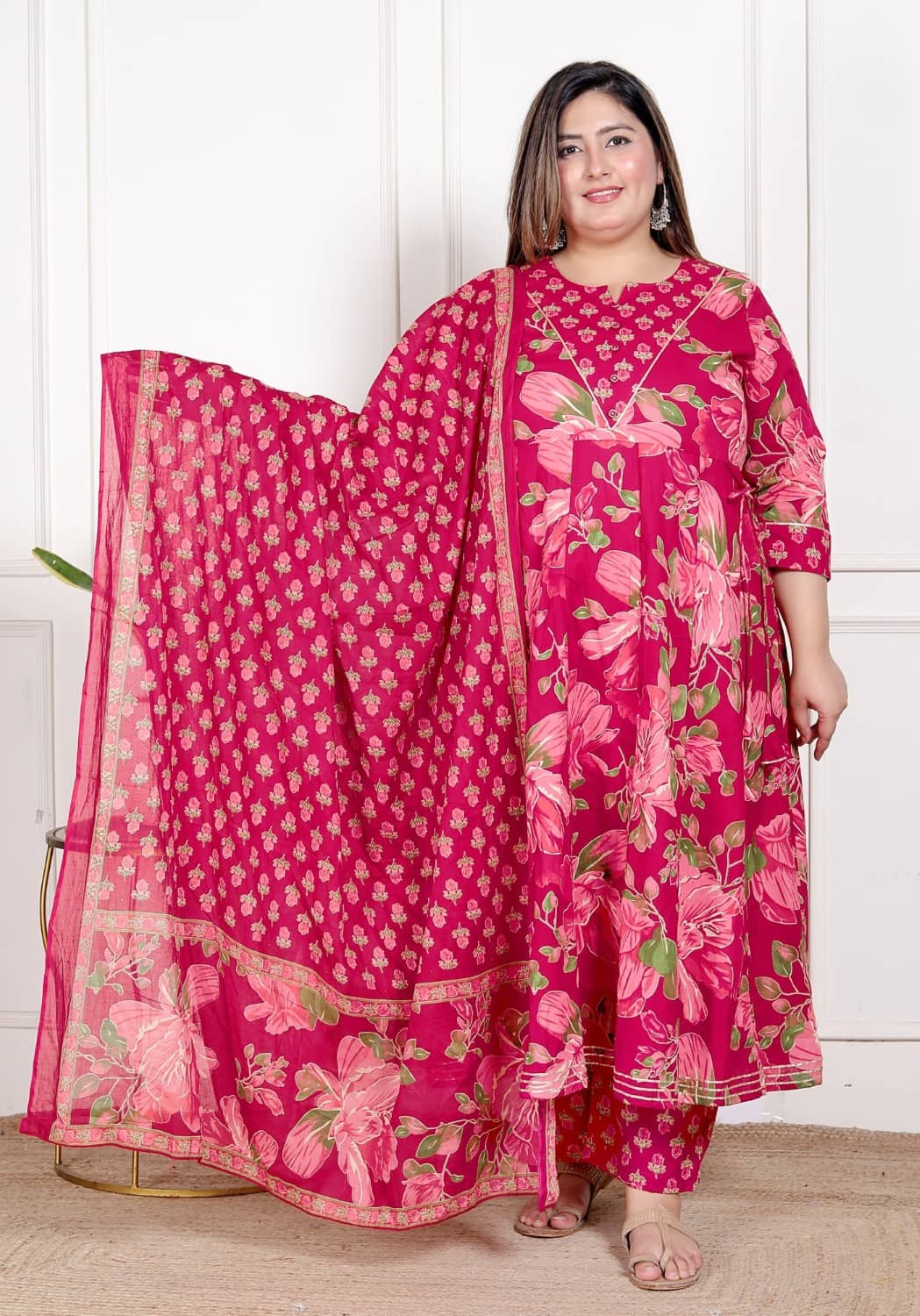 Swasti Women Cotton Printed Anarkali Kurti With Patiala Salwar ( Pink )