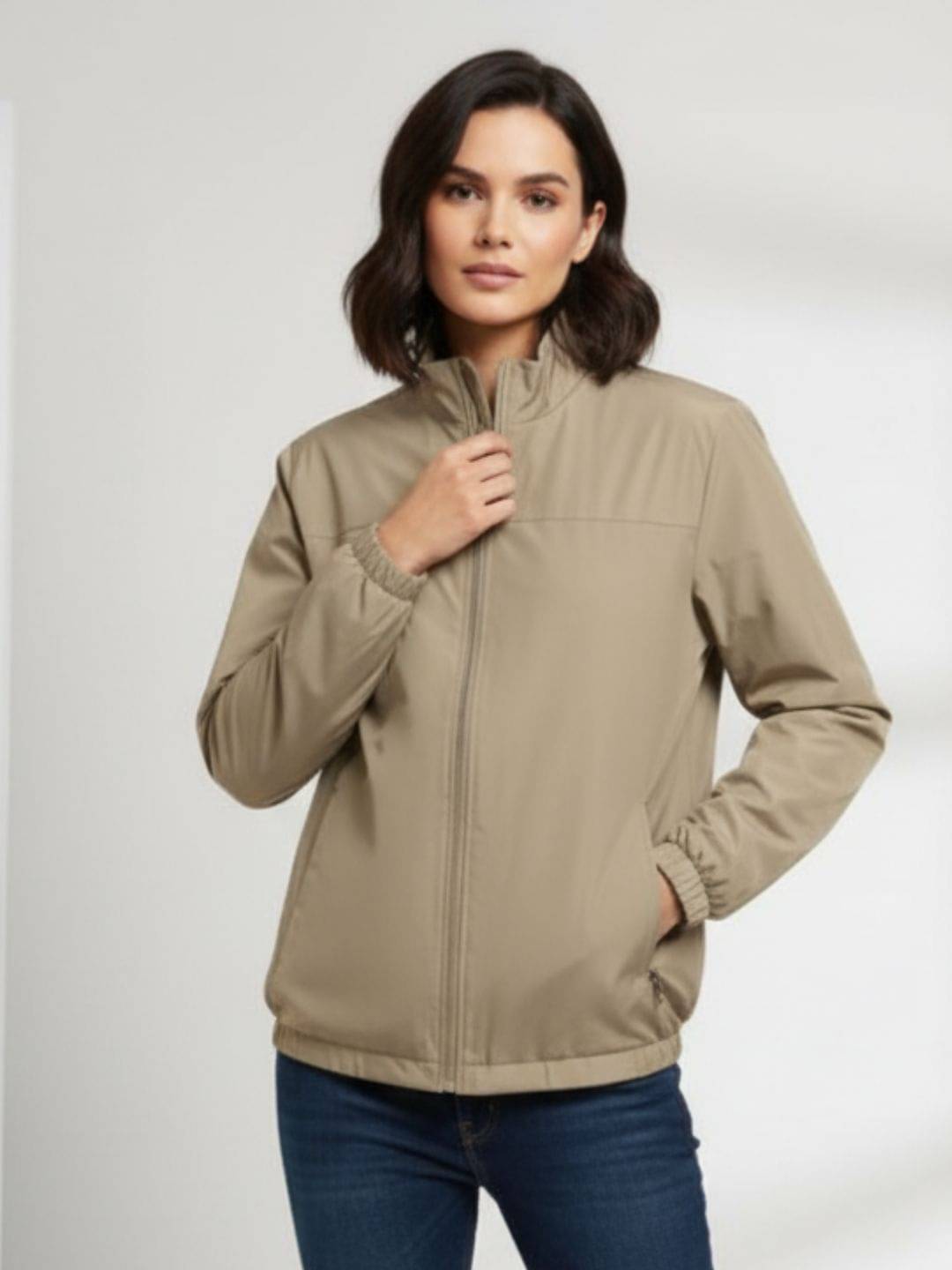 TIMBER HITCH Women High Neck Bomber Jacket ( Beige ) TIMBER HITCH Women High Neck Bomber Jacket ( Beige )